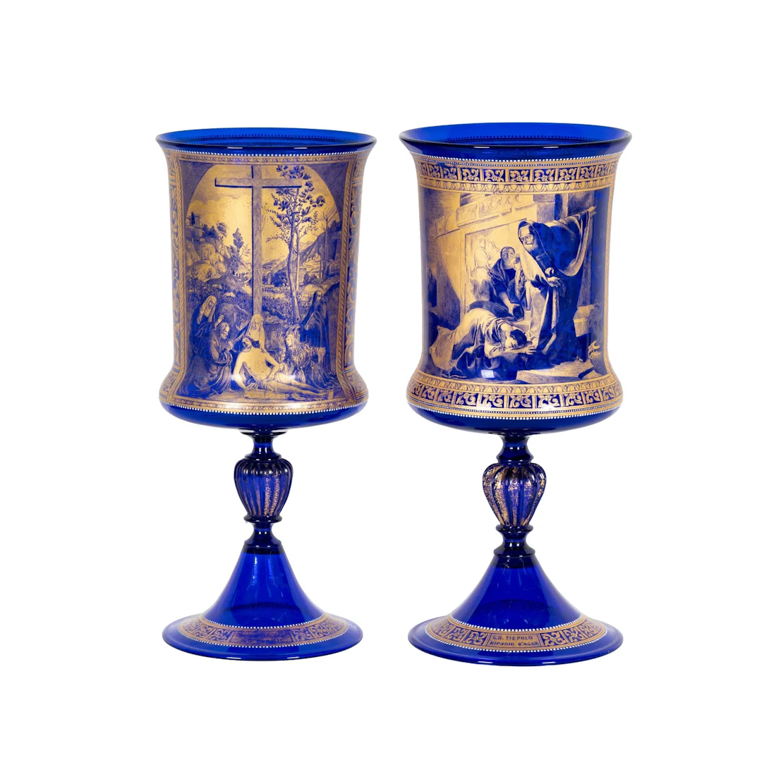 A Pair of Antique Venetian Cobalt and Gilt Decorated Vases
