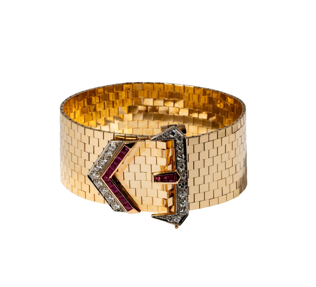 14-Karat Yellow Gold Vintage Ruby and Diamond Buckle Bracelet