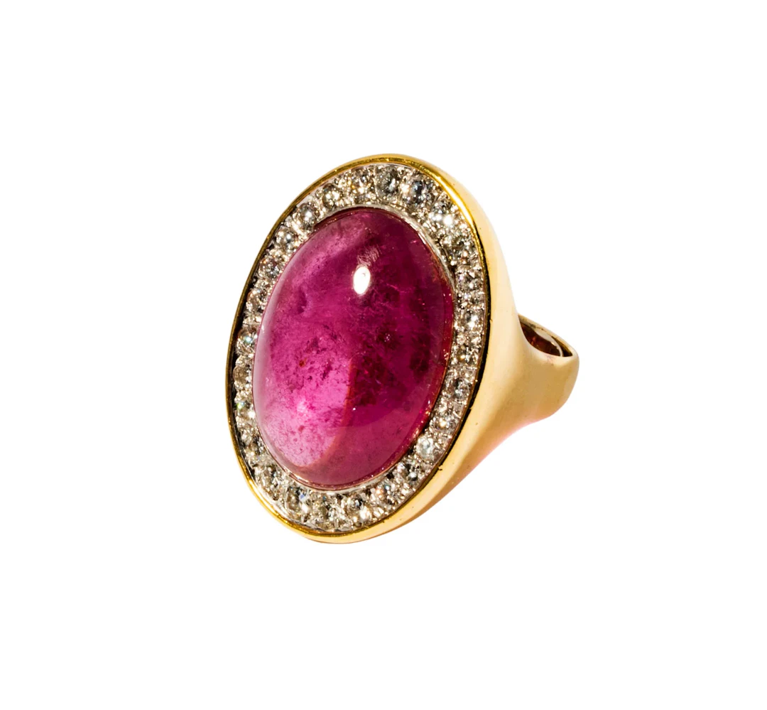 18 Karat Yellow Gold, Cabochon Pink Tourmaline, and Diamond Ring
