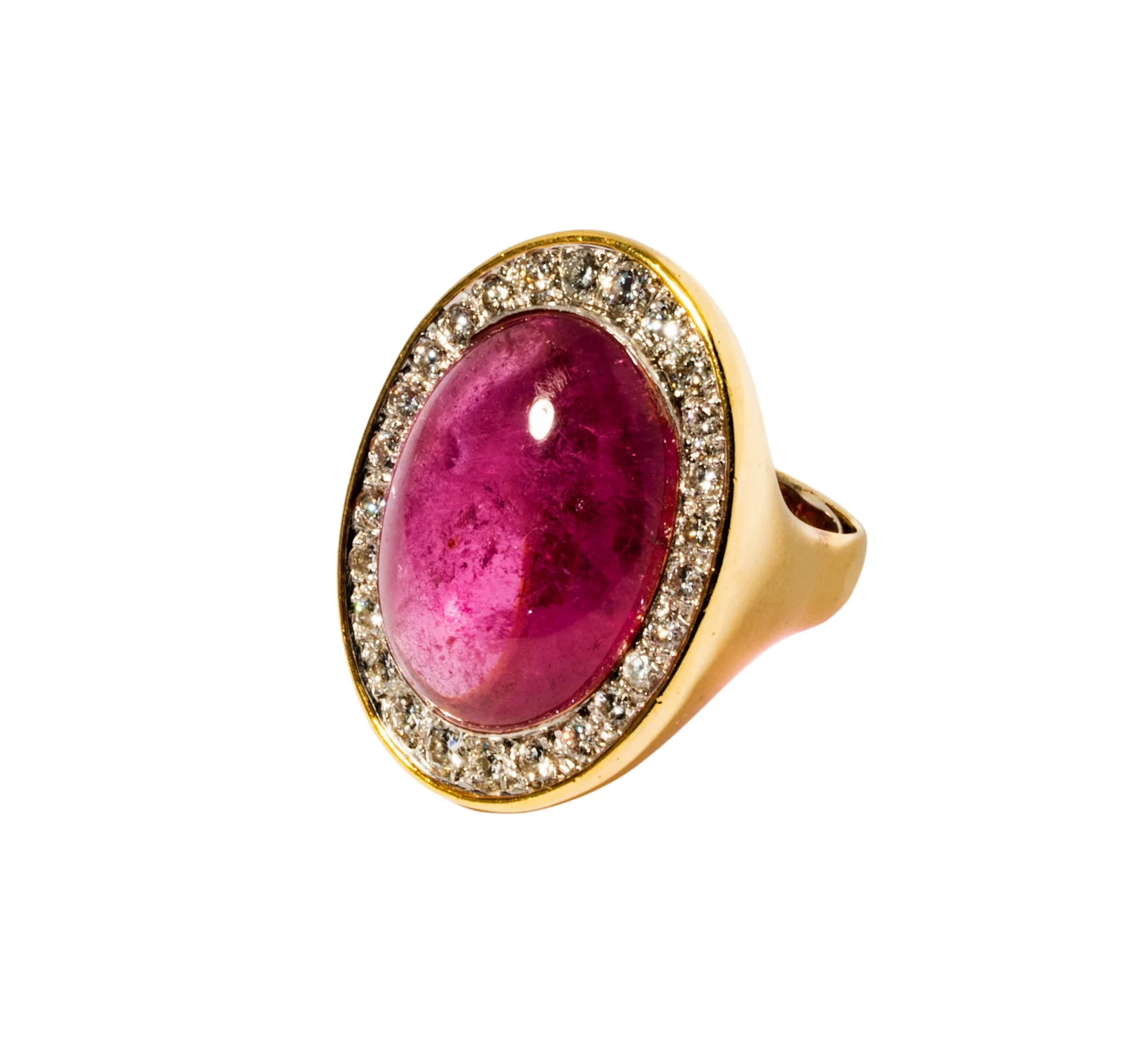 18 Karat Yellow Gold, Cabochon Pink Tourmaline, and Diamond Ring