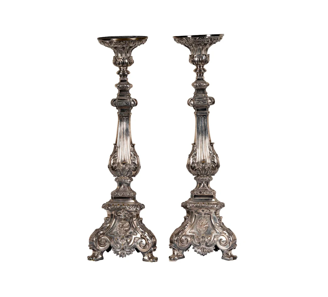 A Pair of Continental Silvered Bronze Altar Candlesticks