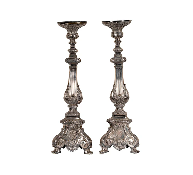 A Pair of Continental Silvered Bronze Altar Candlesticks