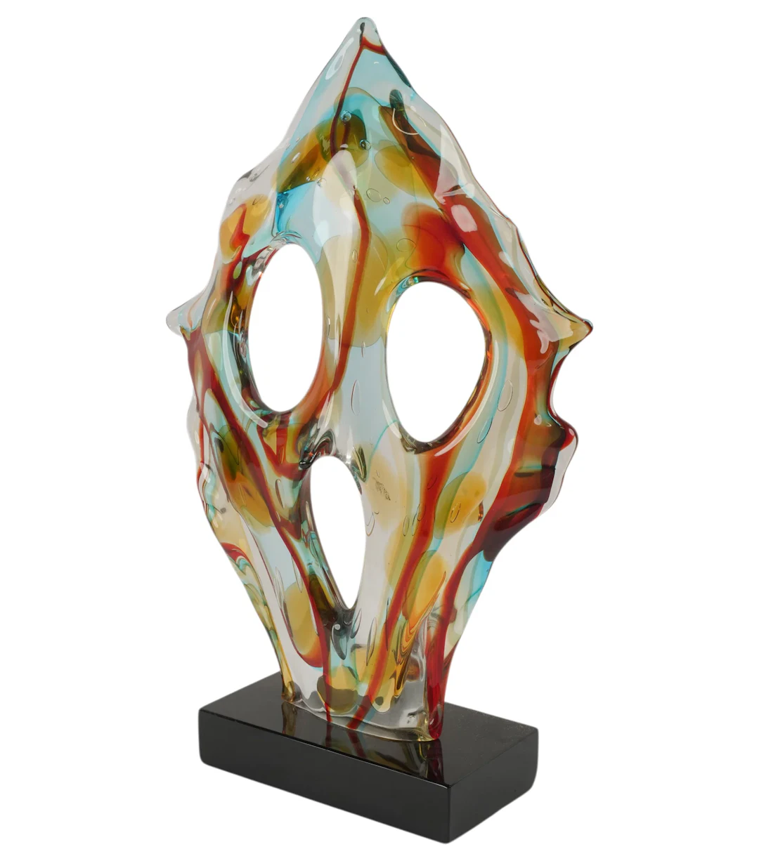 A Glass Abstract Face Sculpture Mounted on Black Glass Base