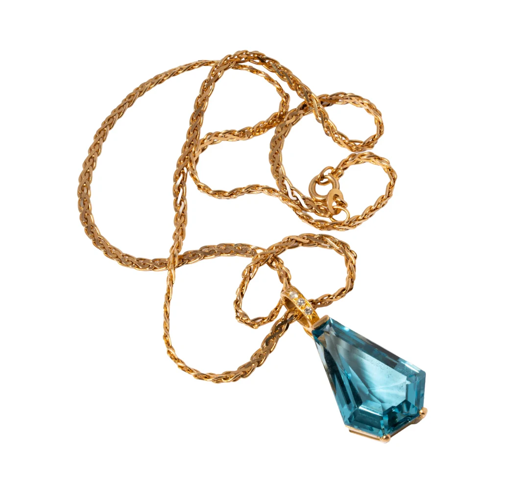 14 Karat Yellow Gold Diamond Blue Topaz Necklace