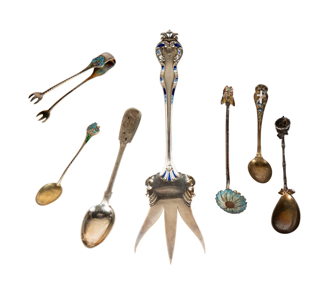 A Collection of Sterling Silver and Enamel Utensils