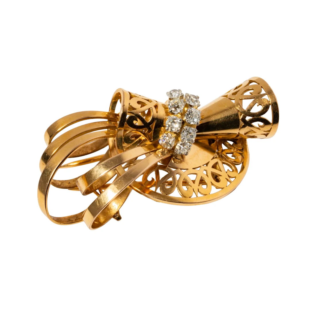 18-Karat Yellow Gold and Diamond Retro Brooch, French