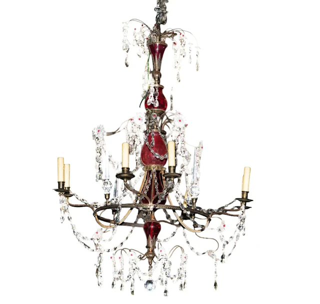 A Baltic Neoclassical Gilt Bronze, Ruby, and Clear Glass Chandelier