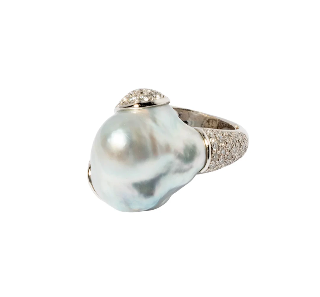 Platinum, Diamond, South Sea Keshi Cultured Pearl Ring