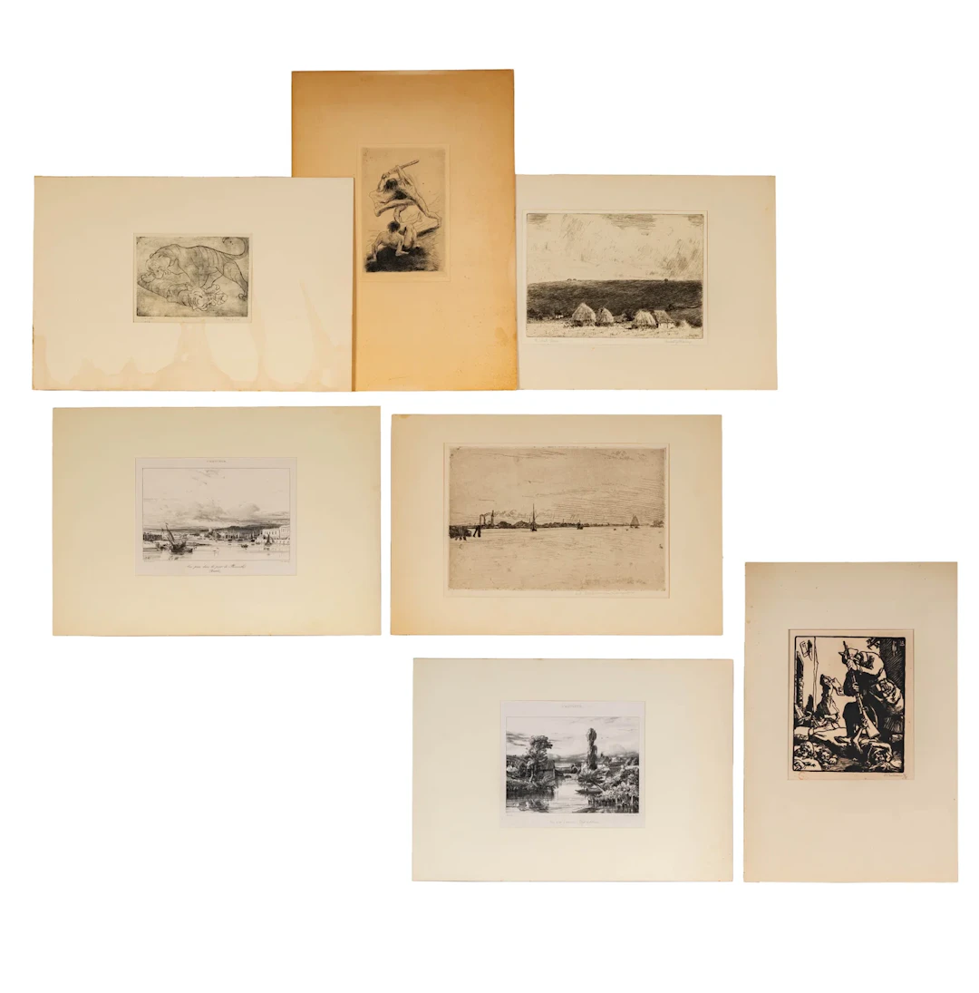 Seven Vintage Black and White Etchings