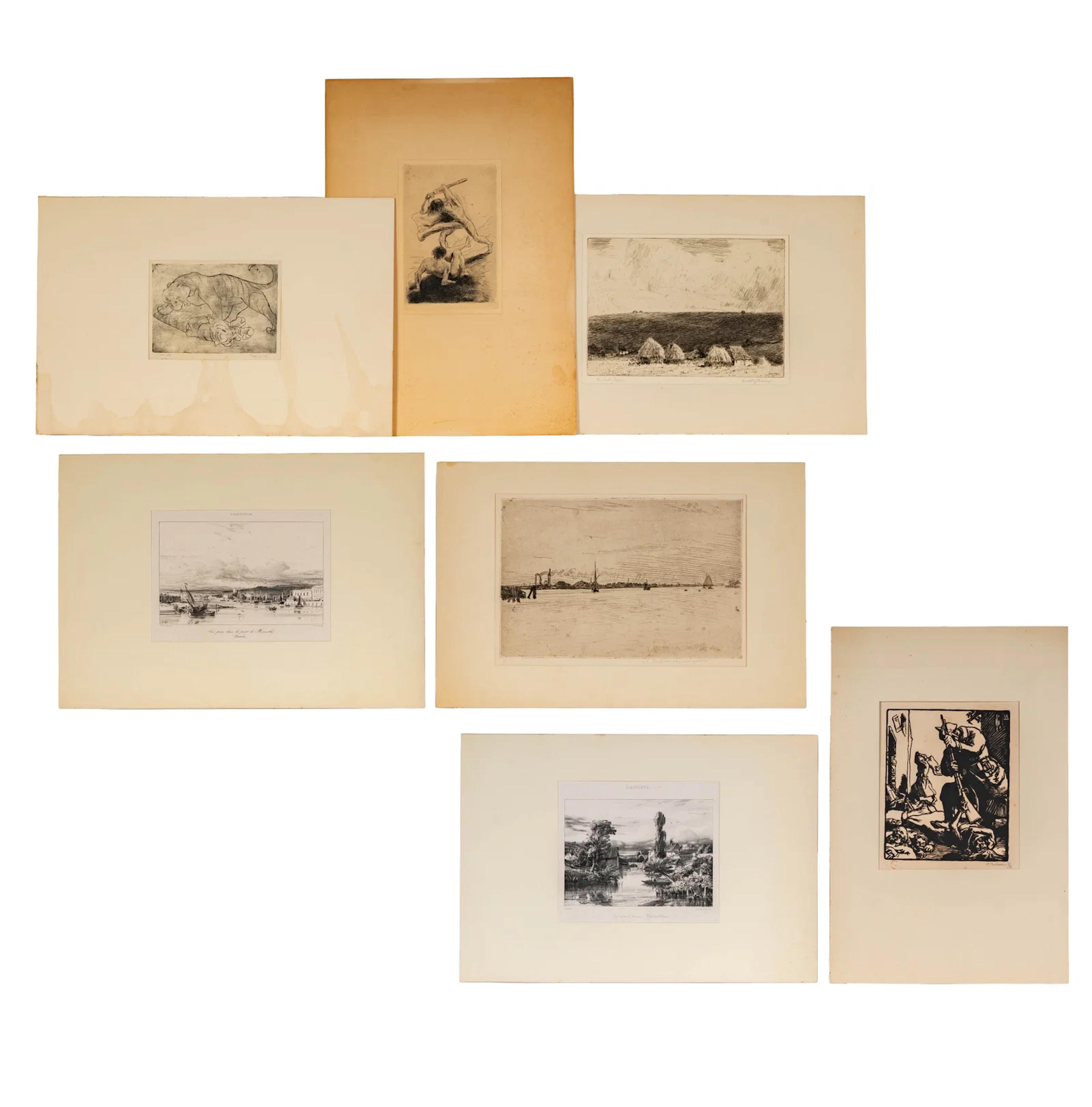 Seven Vintage Black and White Etchings