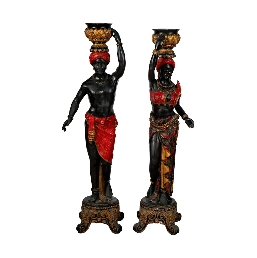 A Pair of Blackamoor Painted Bronze Figural Jardinieres