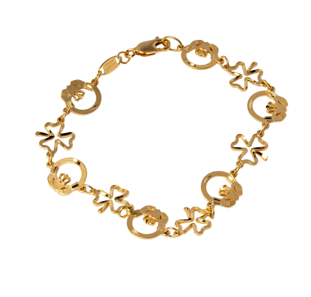 14 Karat Yellow Gold Claddagh and Shamrock Bracelet