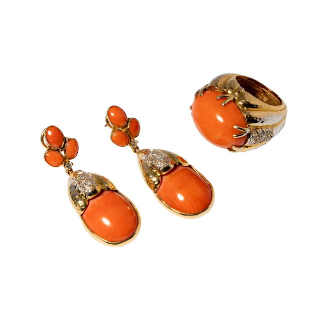 14-Karat Yellow and White Gold Coral and Diamond Pendant Earrings