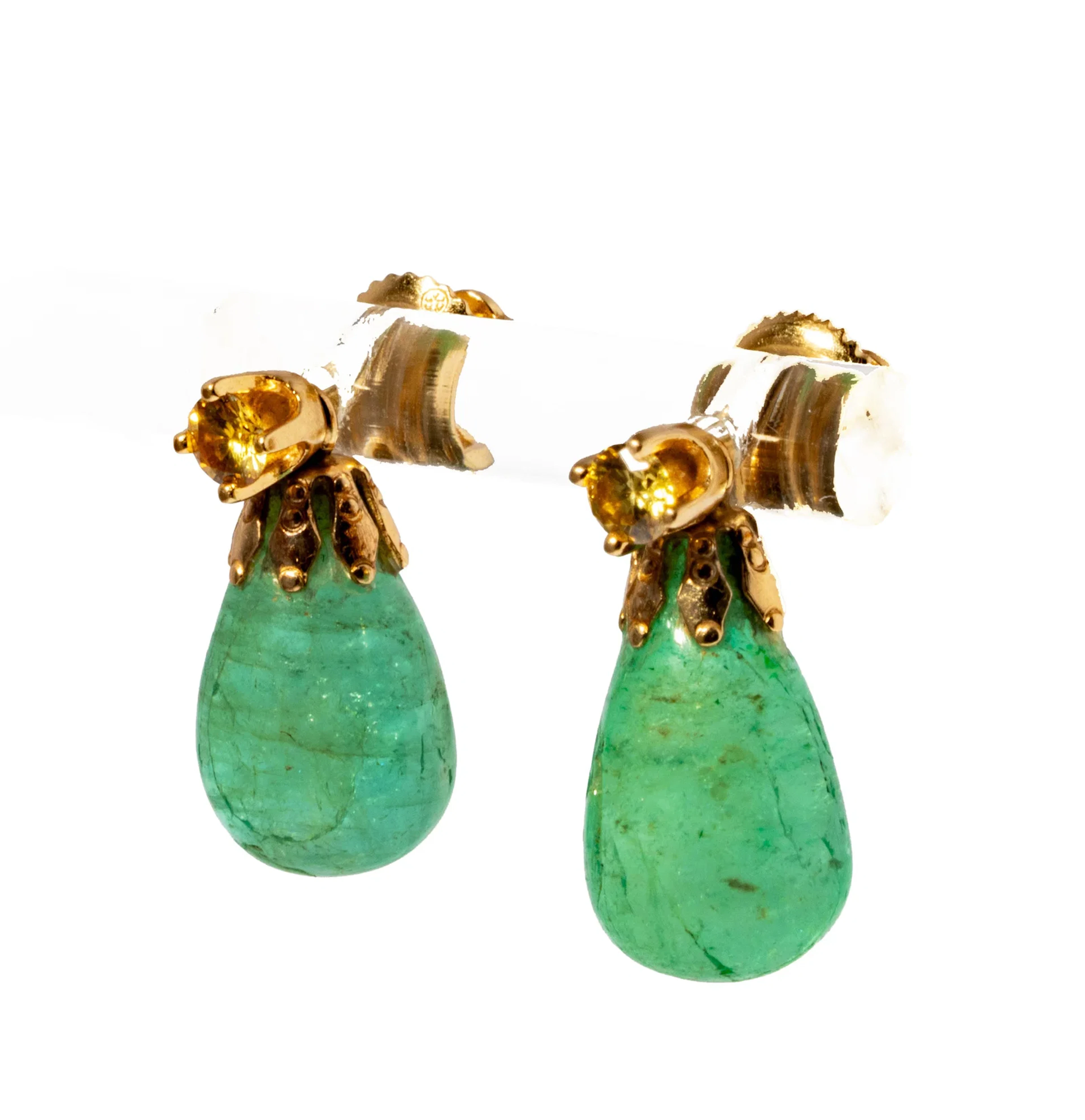 14KT Yellow Gold Diamond and Pear-Shaped Cabochon Emerald Earrings