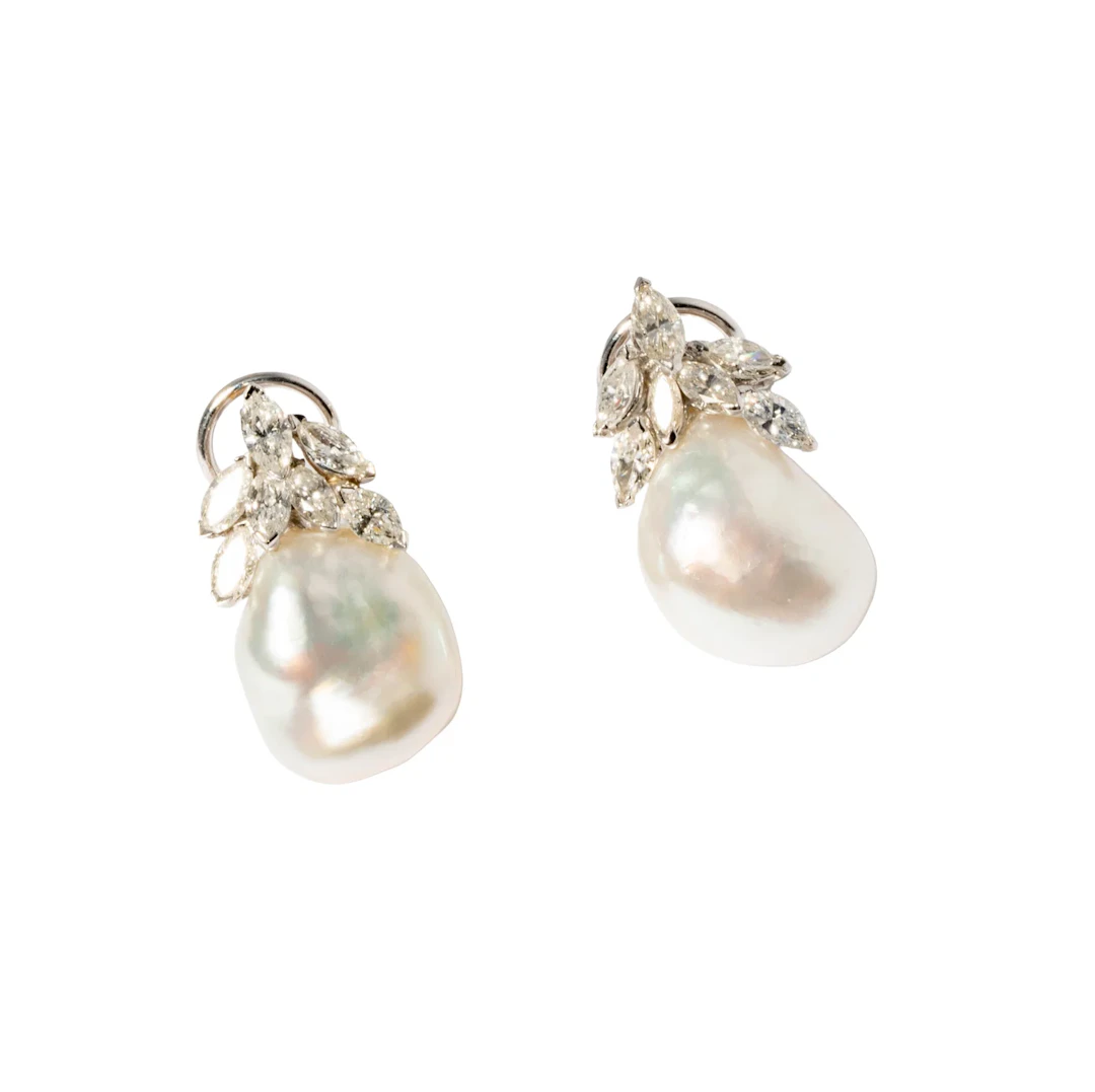 14-Karat White Gold Cultured South Sea Baroque Pearl and Diamond Earrings