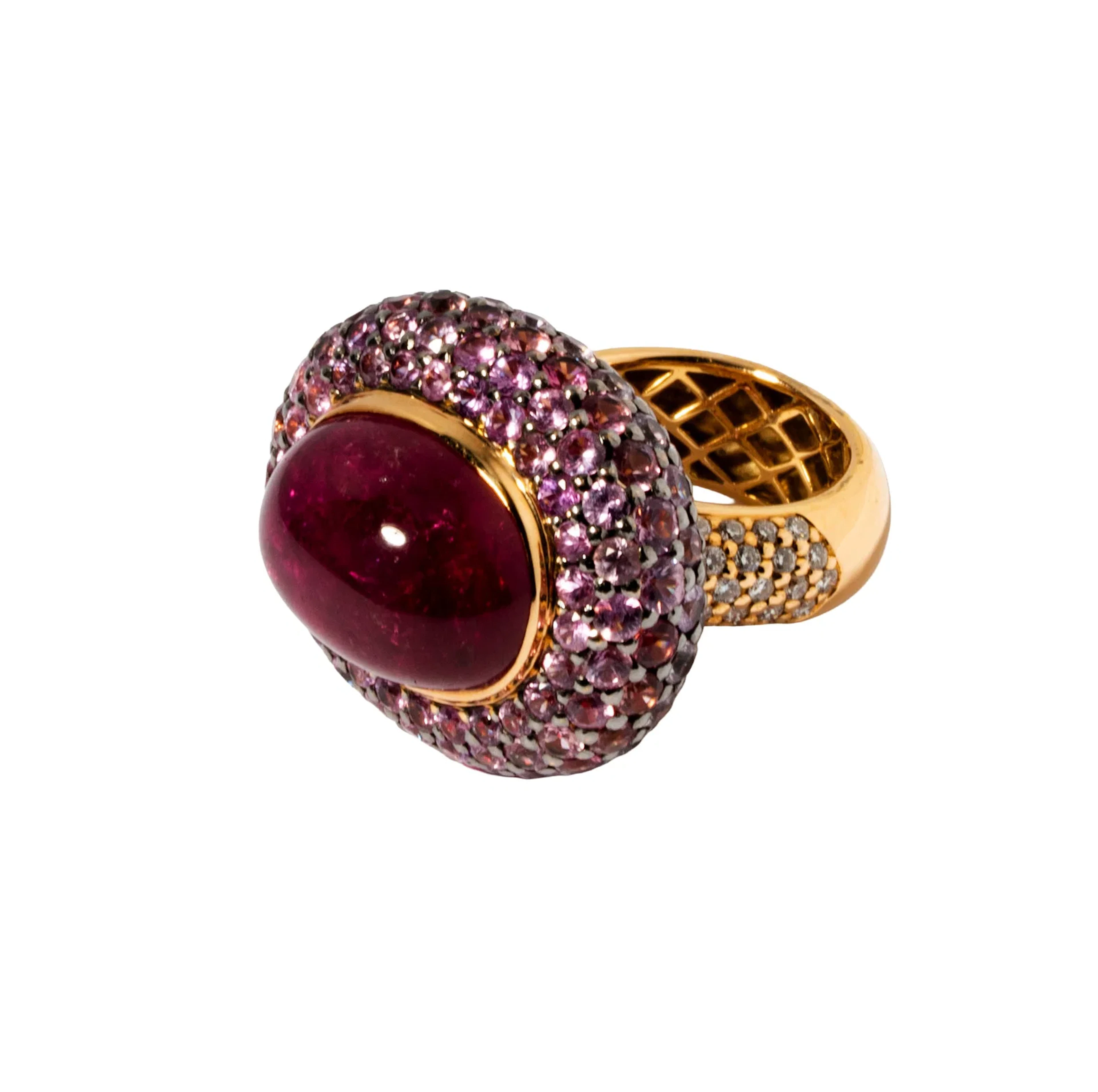 Zorab 18 Karat Yellow Gold, Diamond, Rubellite Tourmaline, Pink Sapphire Ring