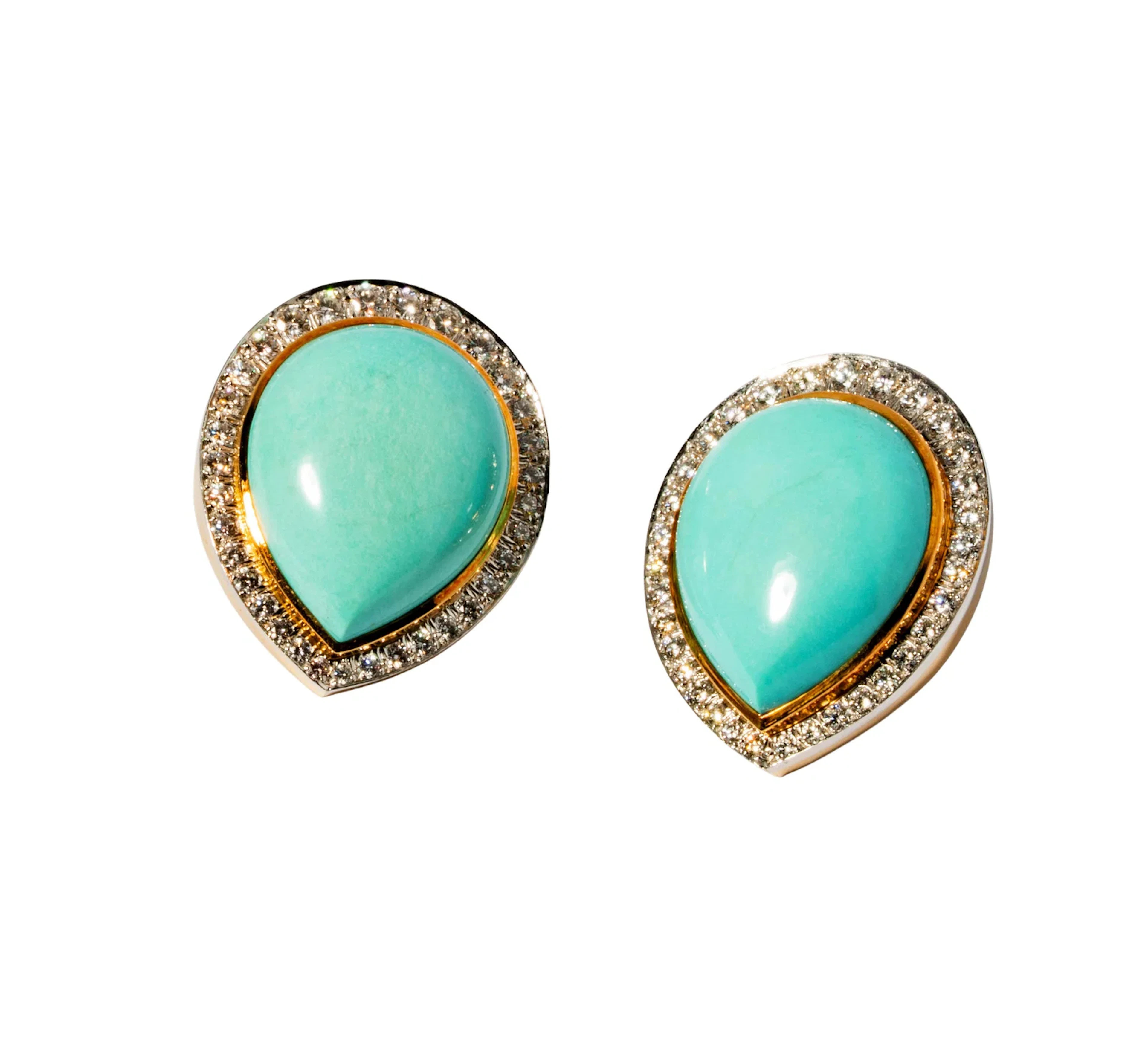 David Webb 18 Karat Yellow Gold, Platinum, Diamond, and Turquoise Clip Earrings