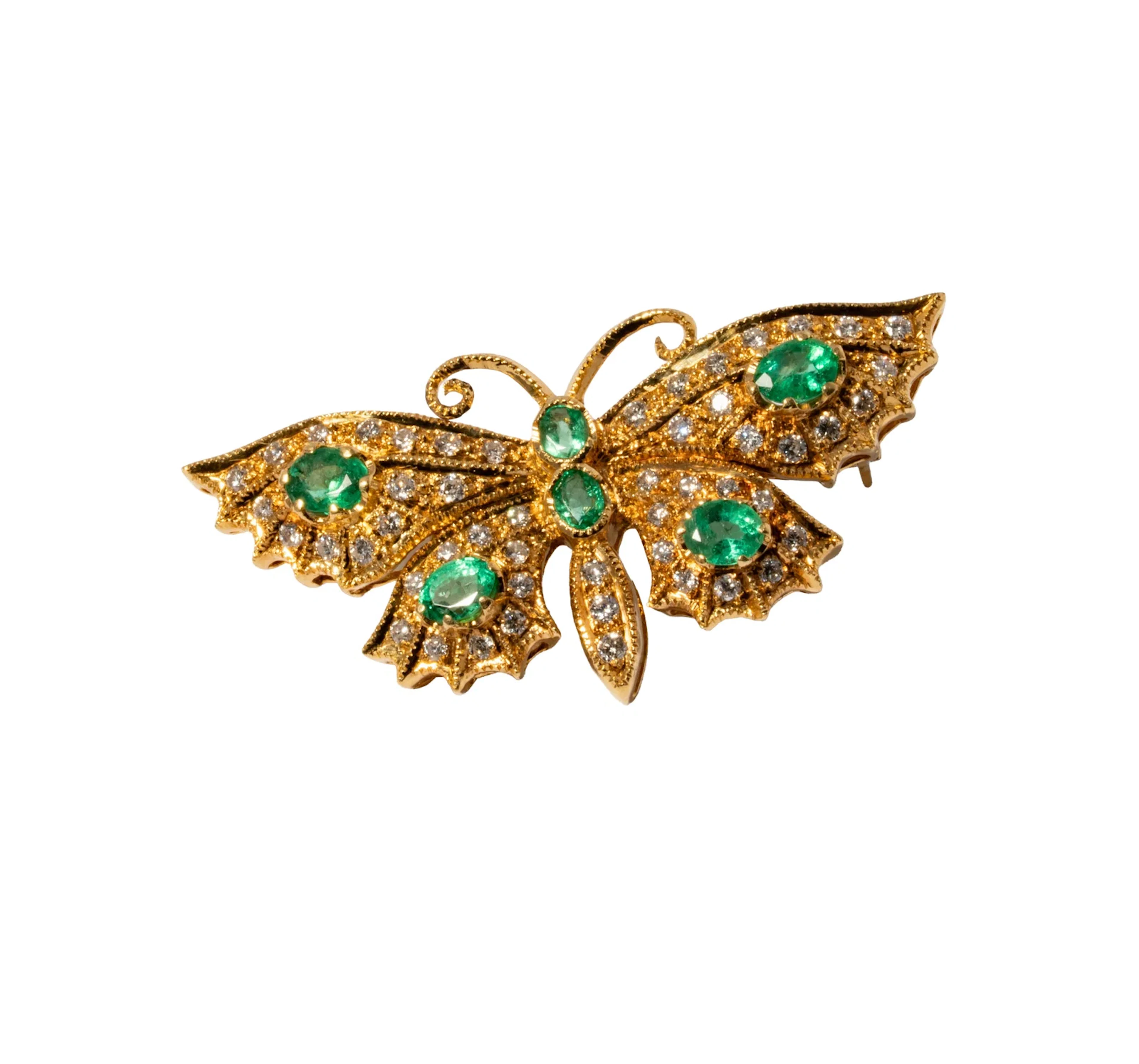 18 Karat Yellow Gold Diamond and Emerald Butterfly Brooch