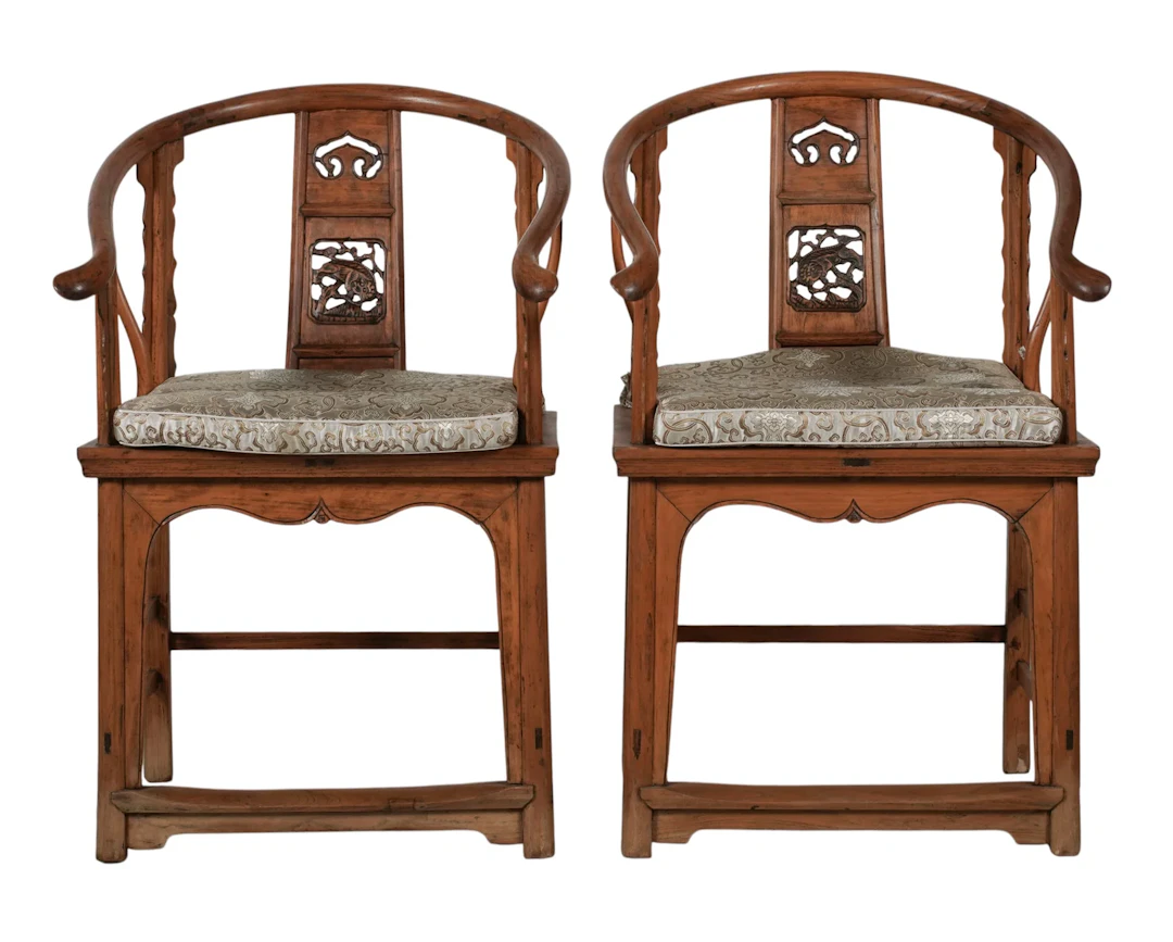 Pair of Chinese Carved Wood Horseshoe Back Armchairs