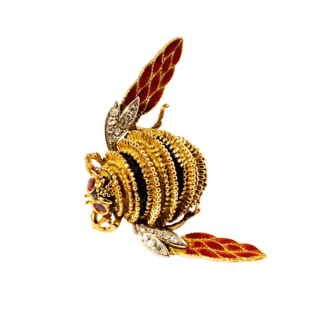 Frascarolo 18 Karat Yellow Gold, Diamond, Ruby, and Enamel Bee Brooch