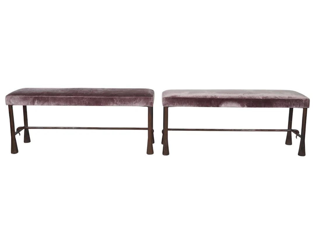 Pair of Velvet Upholstered Iron Benches