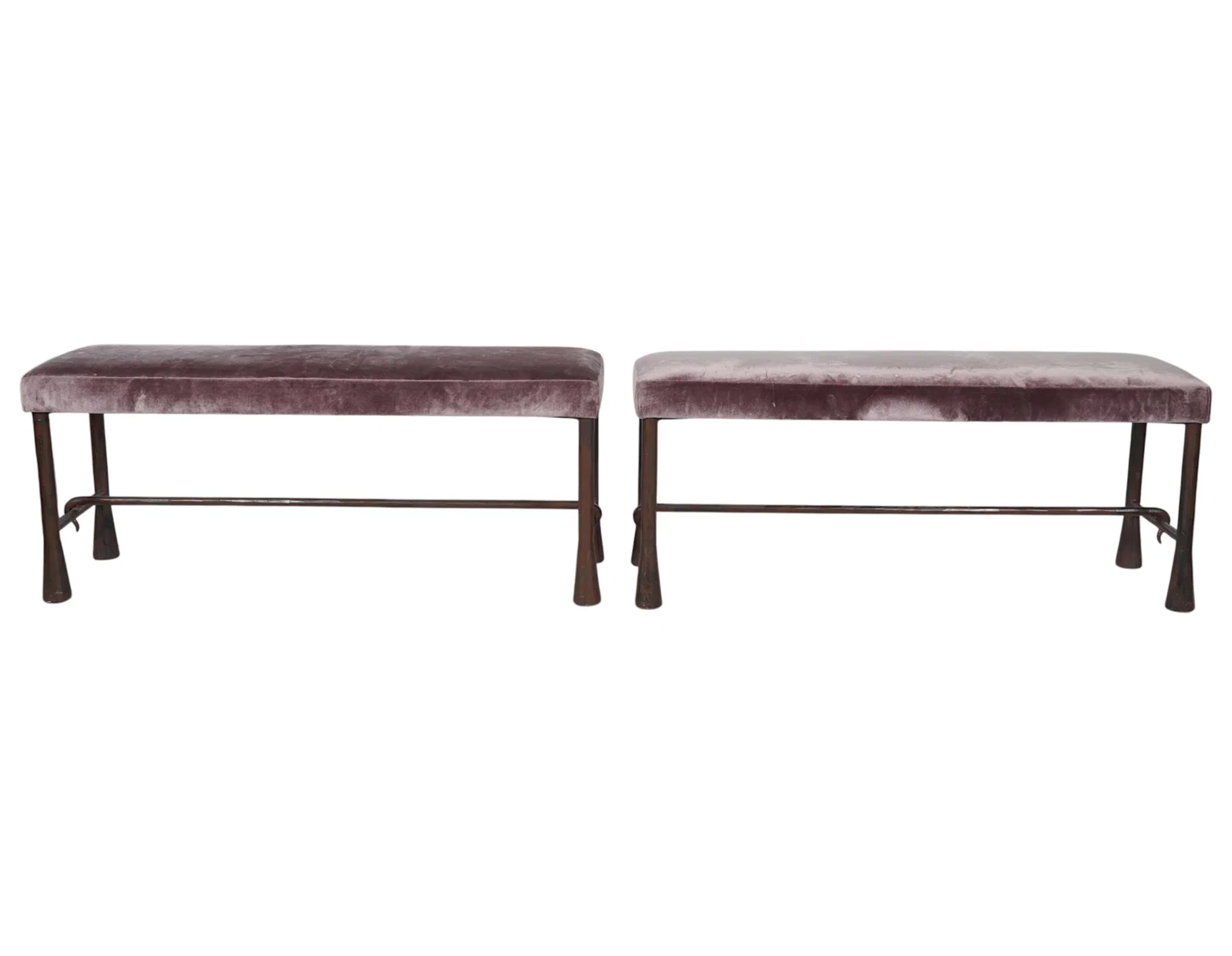 Pair of Velvet Upholstered Iron Benches