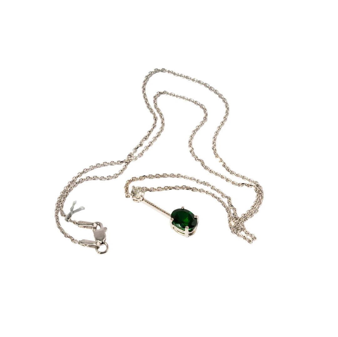 14KT White Gold Necklace with Tsavorite Garnet and Diamond Pendant