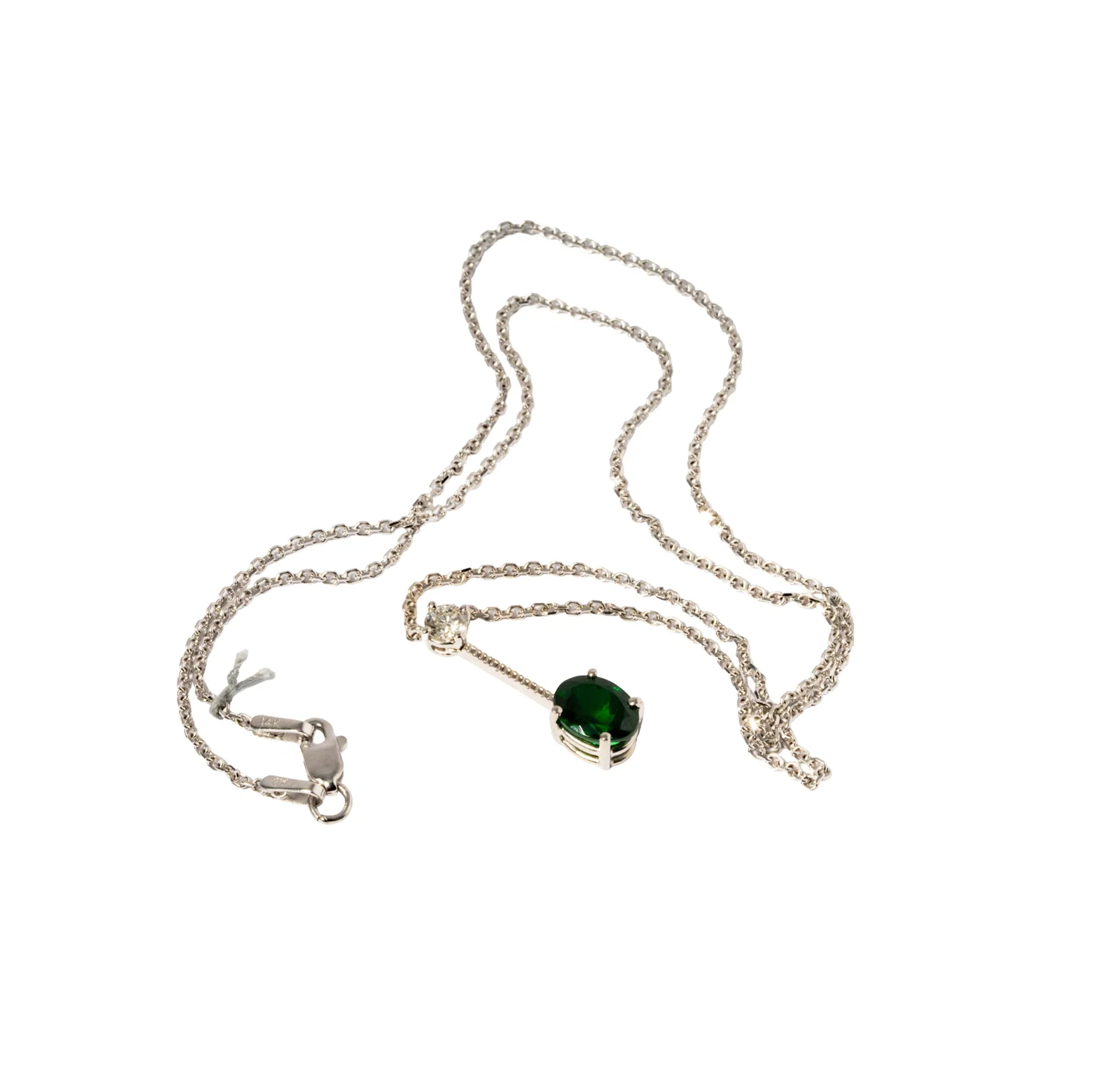 14KT White Gold Necklace with Tsavorite Garnet and Diamond Pendant