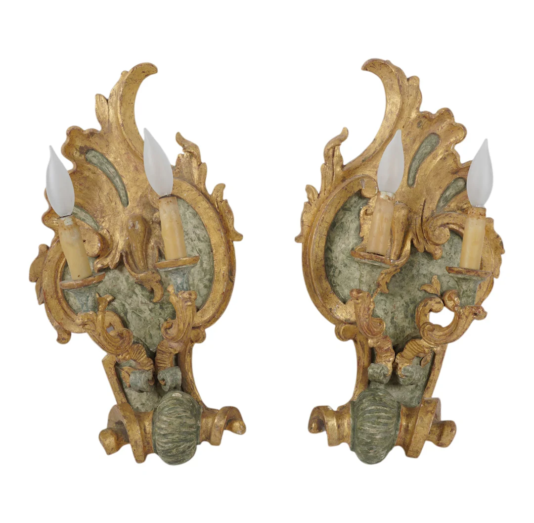 A Pair of Italian Painted Rocco Two Light Wall Sconces