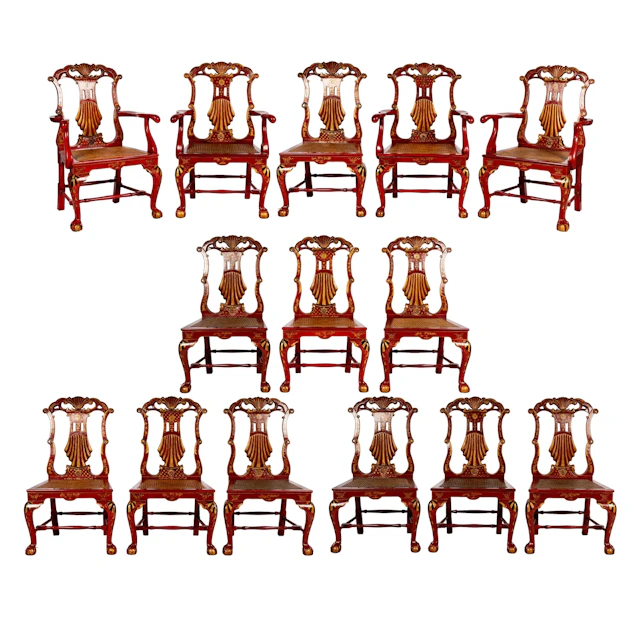 A Set of Fourteen Burton Ching Portuguese-style Chinoiserie Dining Chairs