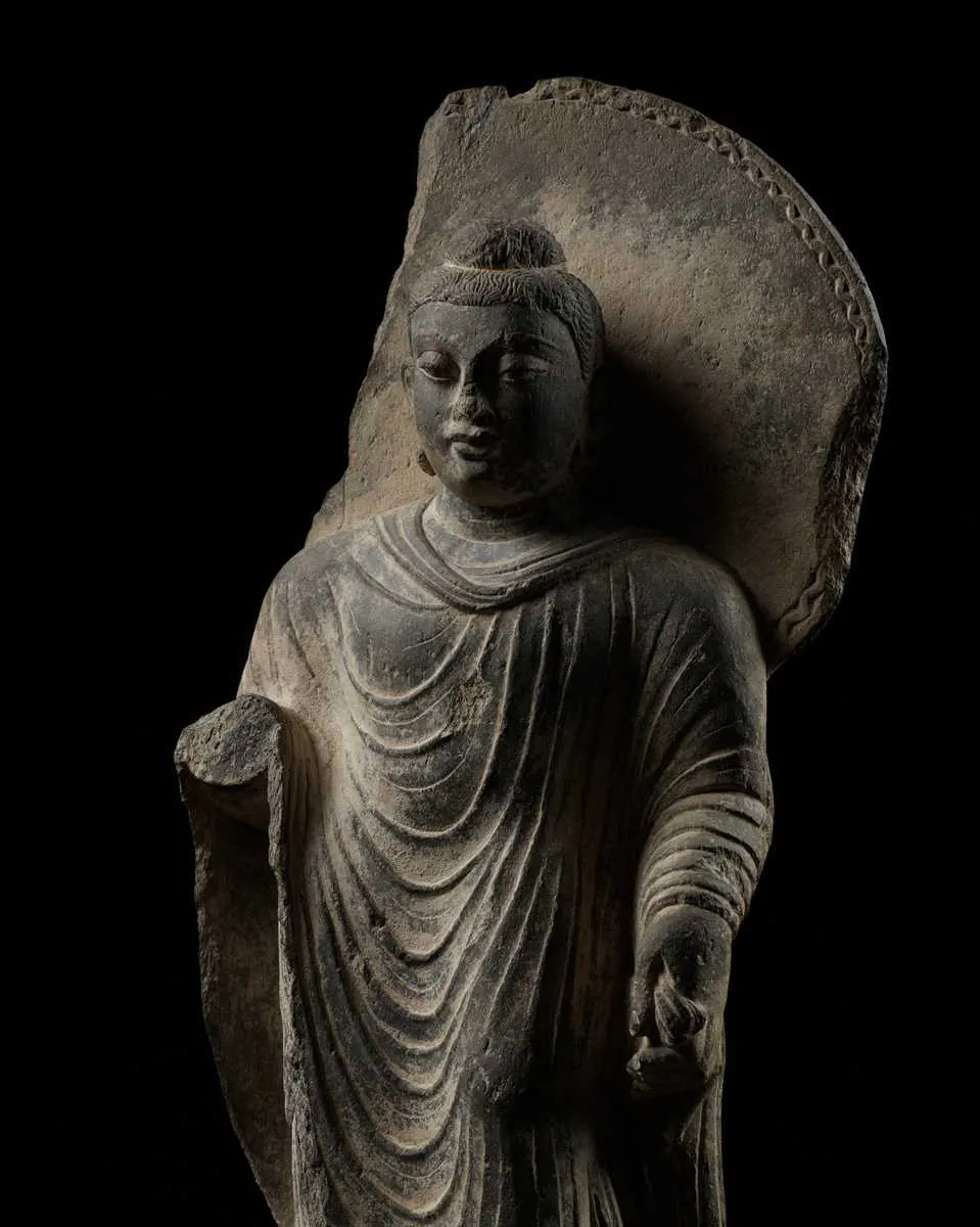 A PUBLISHED GRAY SCHIST FIGURE OF BUDDHA SHAKYAMUNI, ANCIENT REGION ...