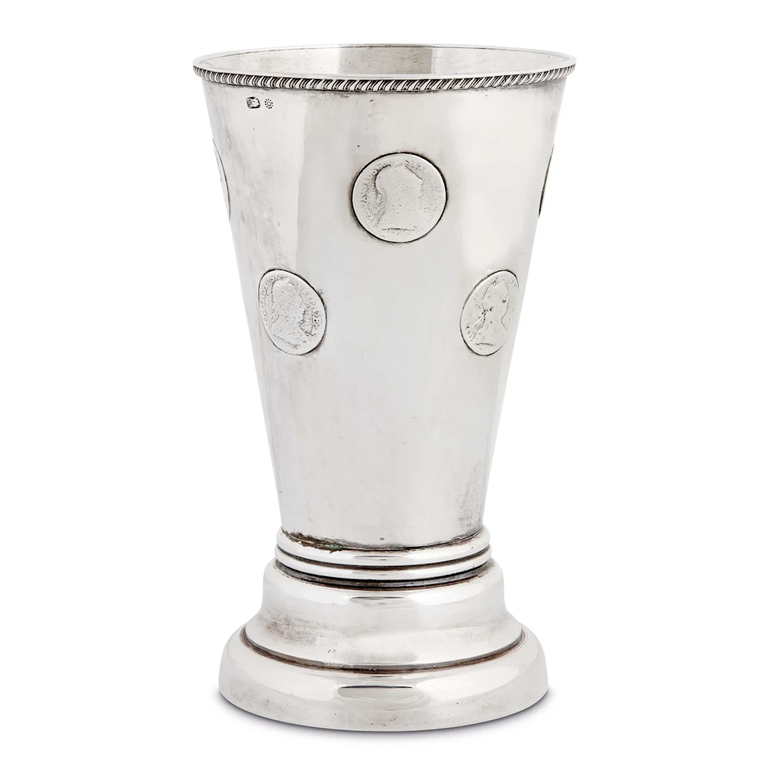 A SILVER GAMBLING CUP, 19TH CENTURY