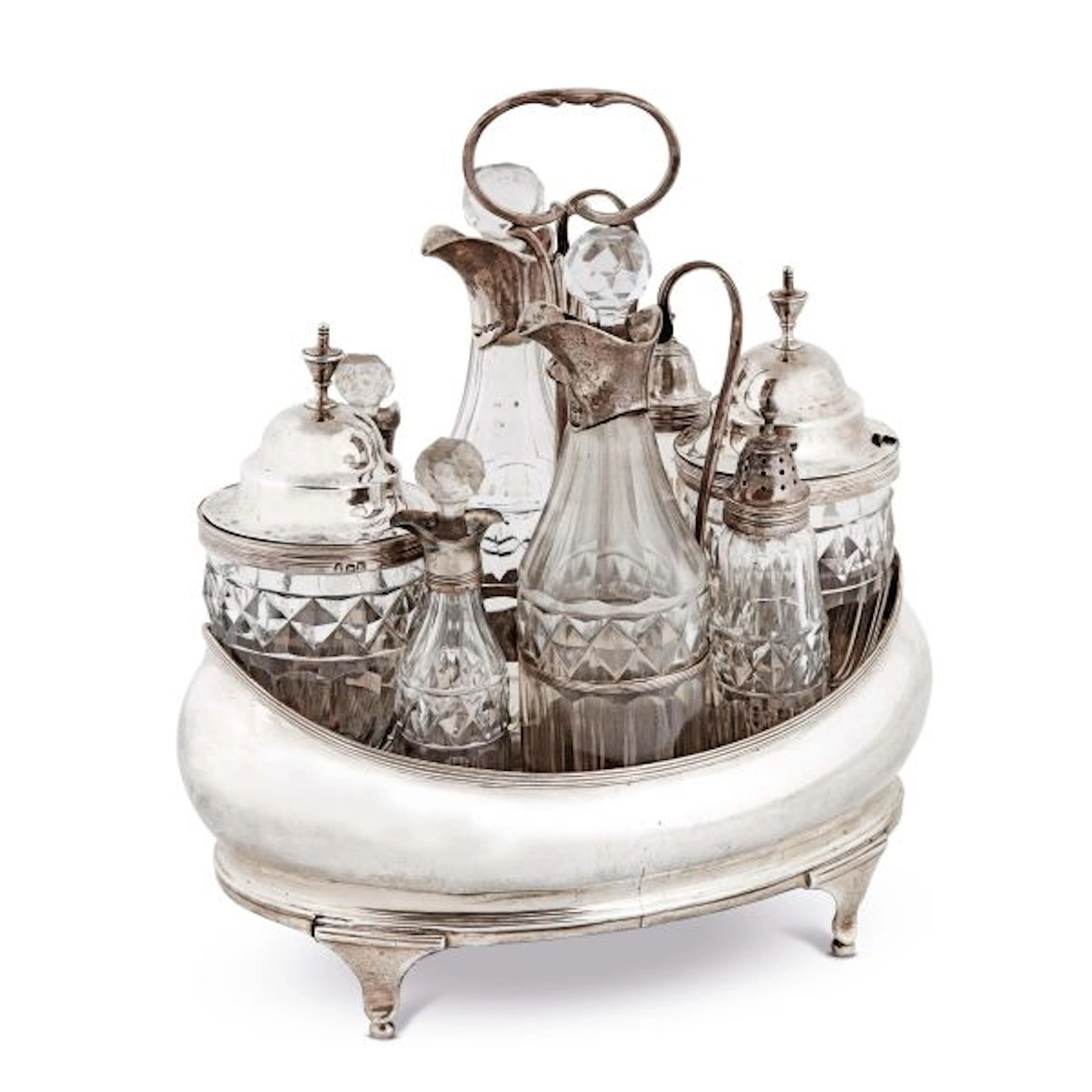 A SILVER AND GLASS CRUET, LONDON, 1805/1806