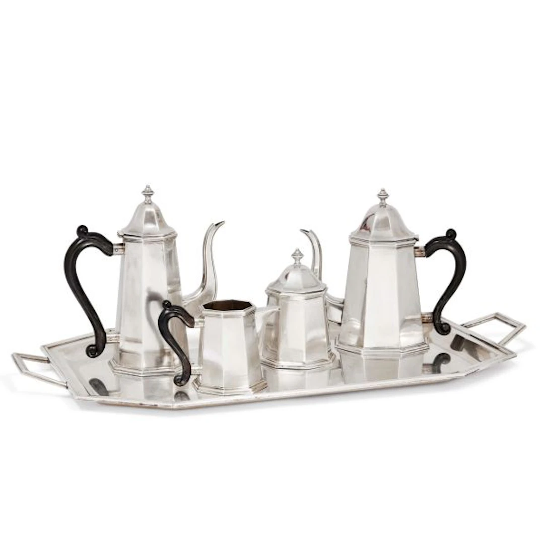 A SILVER TEA AND COFFEE SET AND TRAY, ALESSANDRIA, 20TH CENTURY