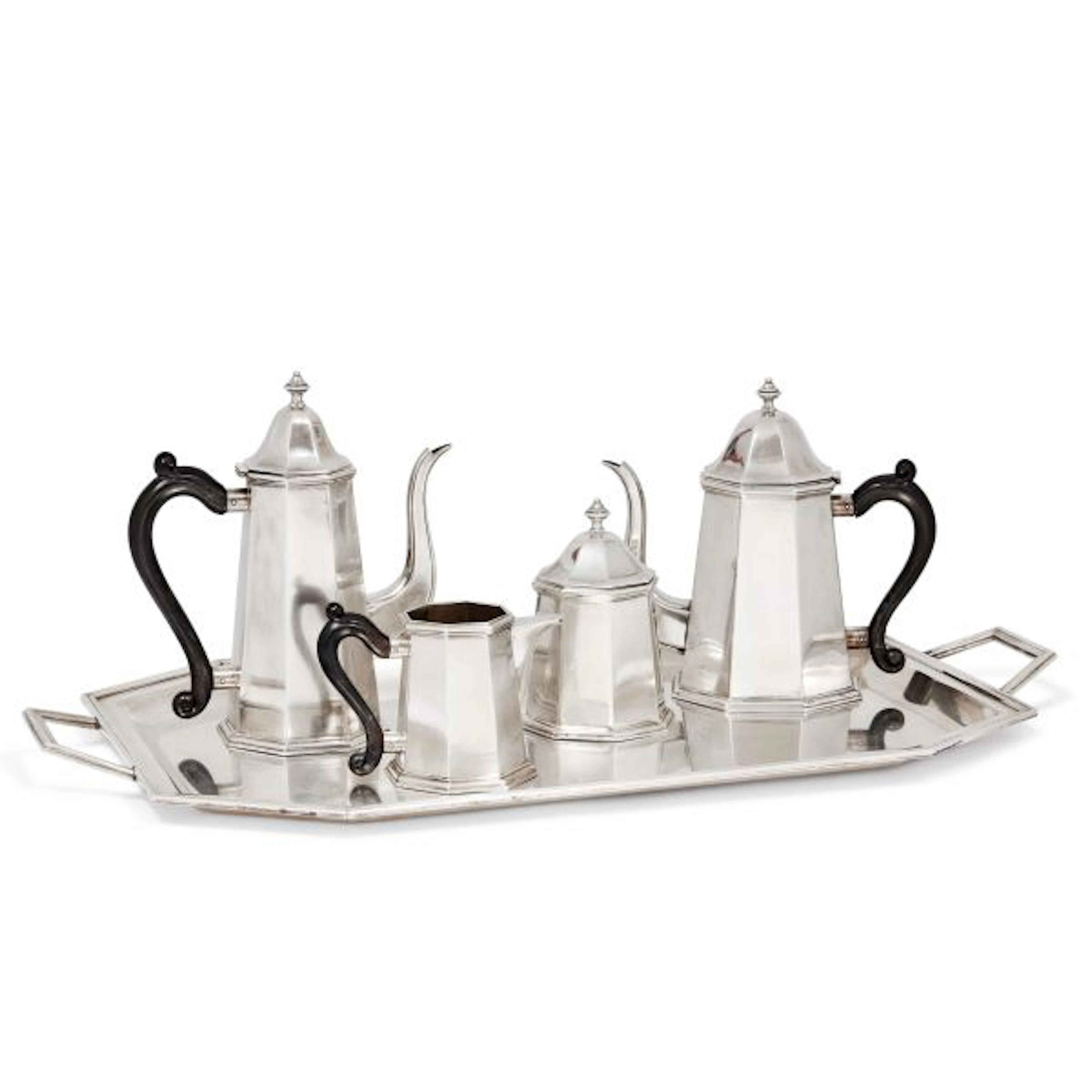 A SILVER TEA AND COFFEE SET AND TRAY, ALESSANDRIA, 20TH CENTURY