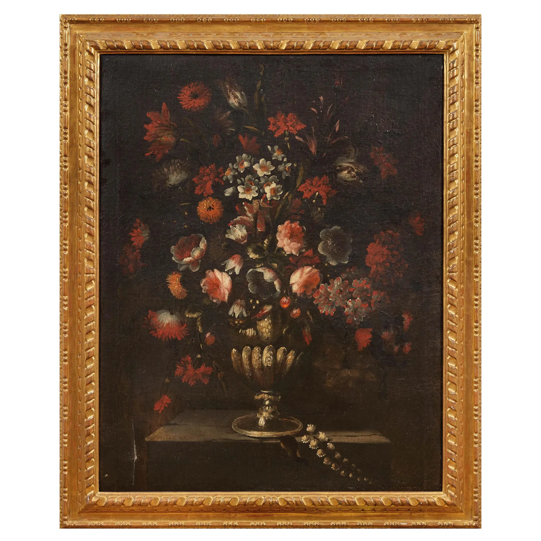 Tuscan school, 17th-18th century, bronze vase with peonies, carnations
