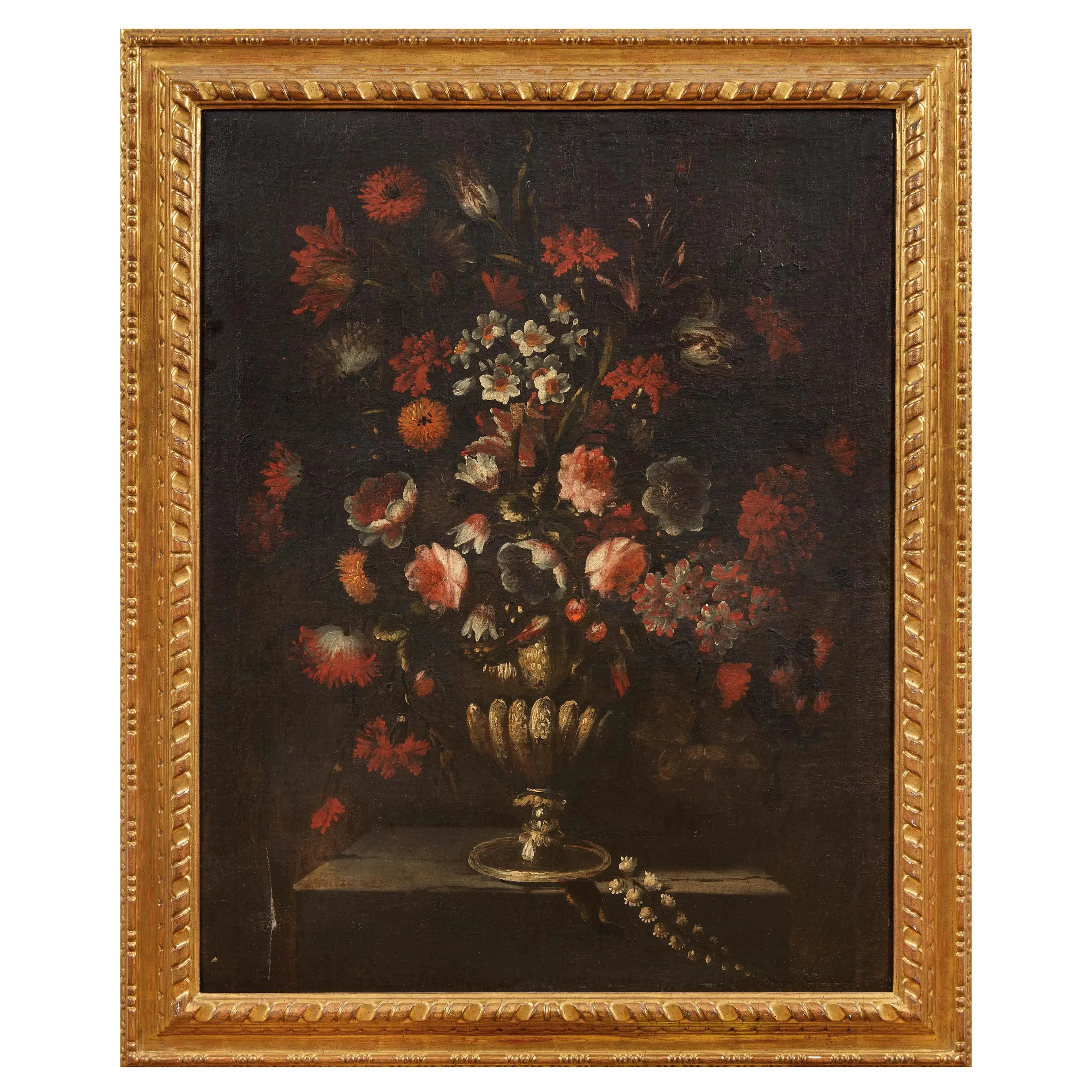 Tuscan school, 17th-18th century, bronze vase with peonies, carnations