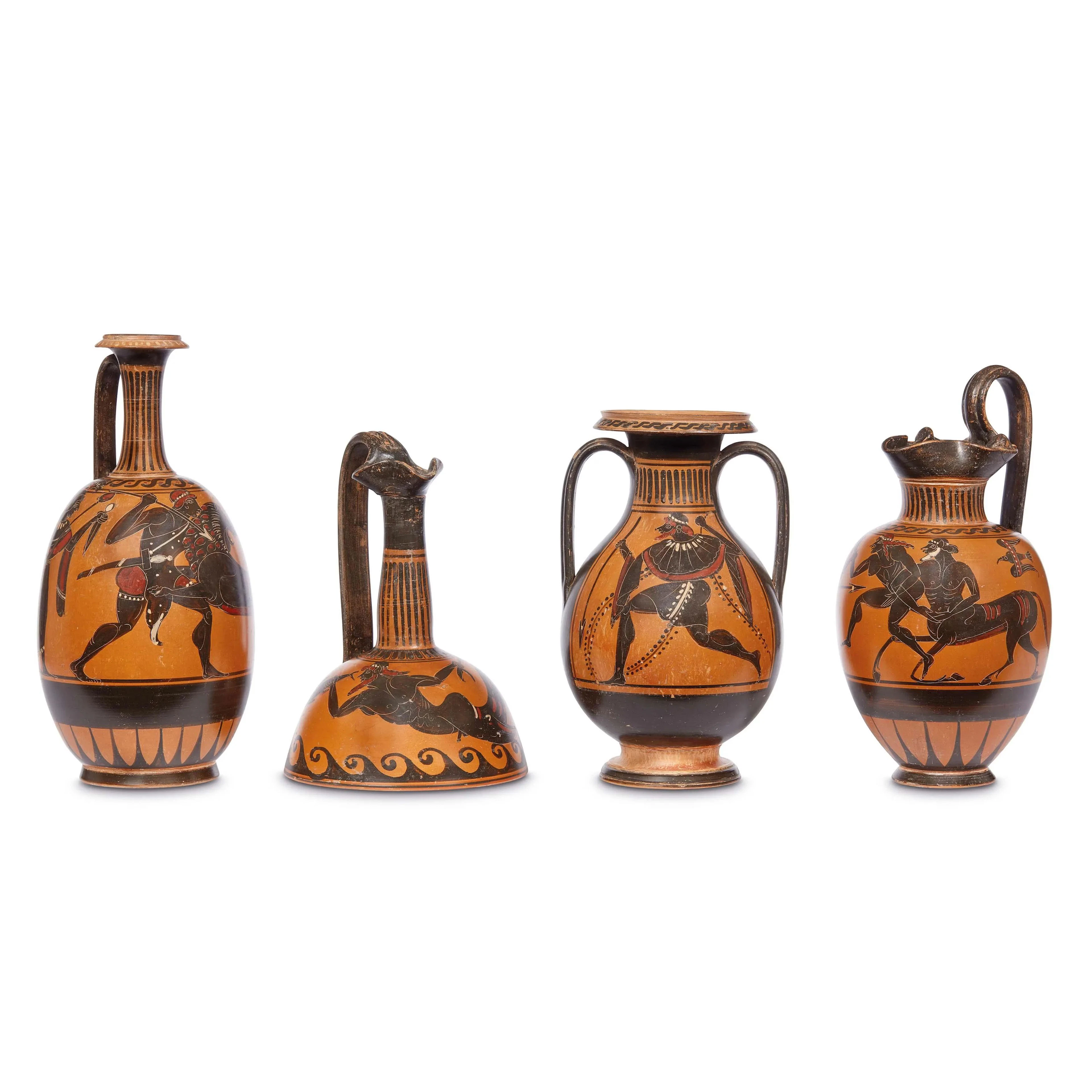 A LEKYTHOS, OINOCHOE WITH TRILOBATE SPOUT, PELIKE AND SMALL AMPHORA