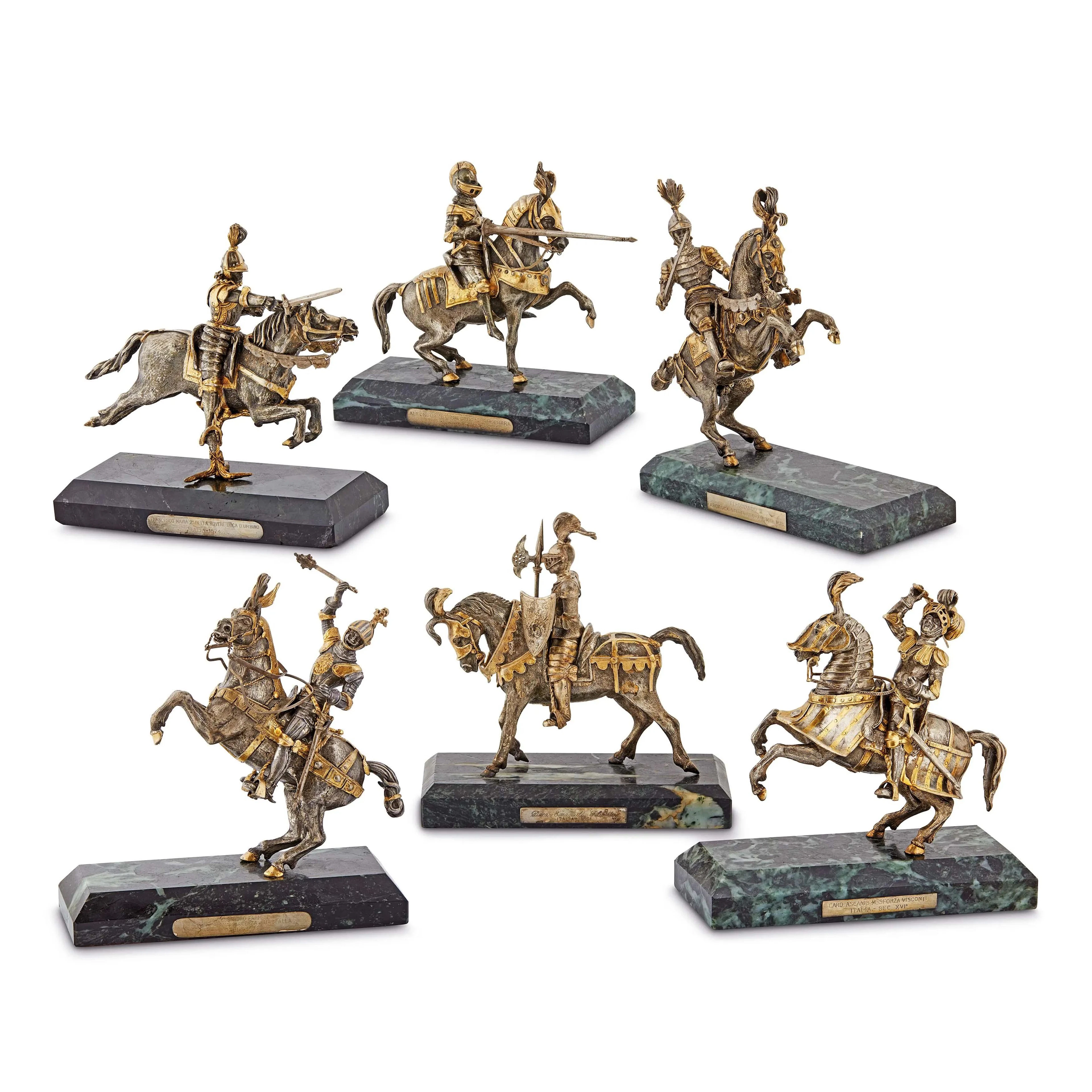SIX SILVER AND SILVERPLATED EQUESTRIAN KNIGHTS, ITALY, 20TH CENTURY