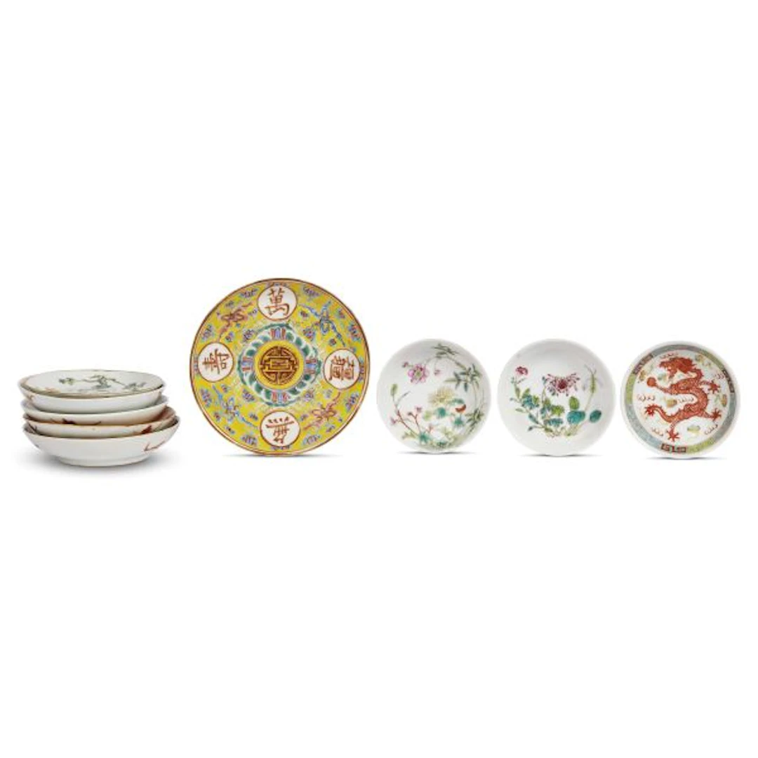 A GROUP OF NINE FAMILLE-ROSE AND IRON-RED DISHES, CHINA, LATE QING