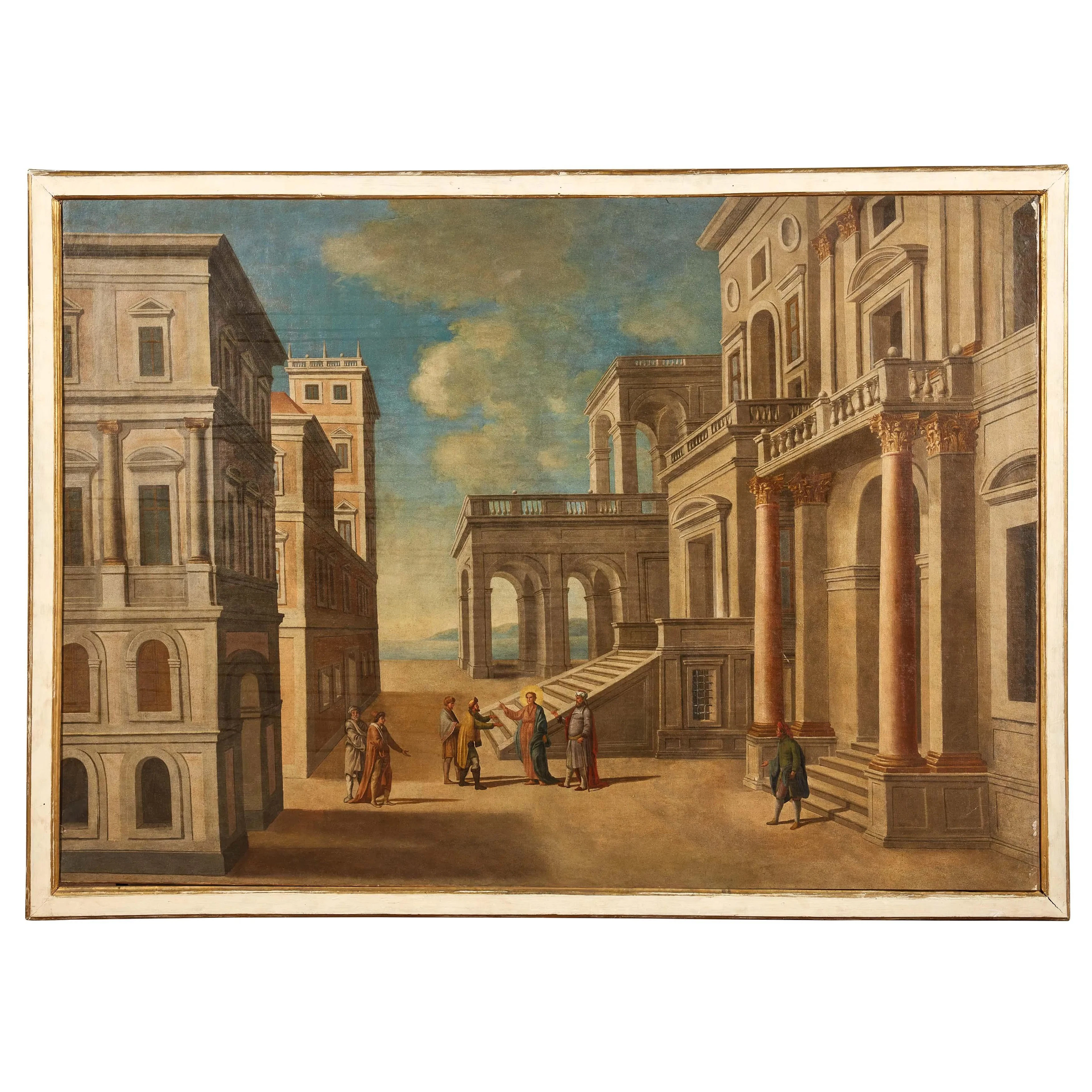 Neapolitan school, 17th century, architectural view with figures, oil on canvas