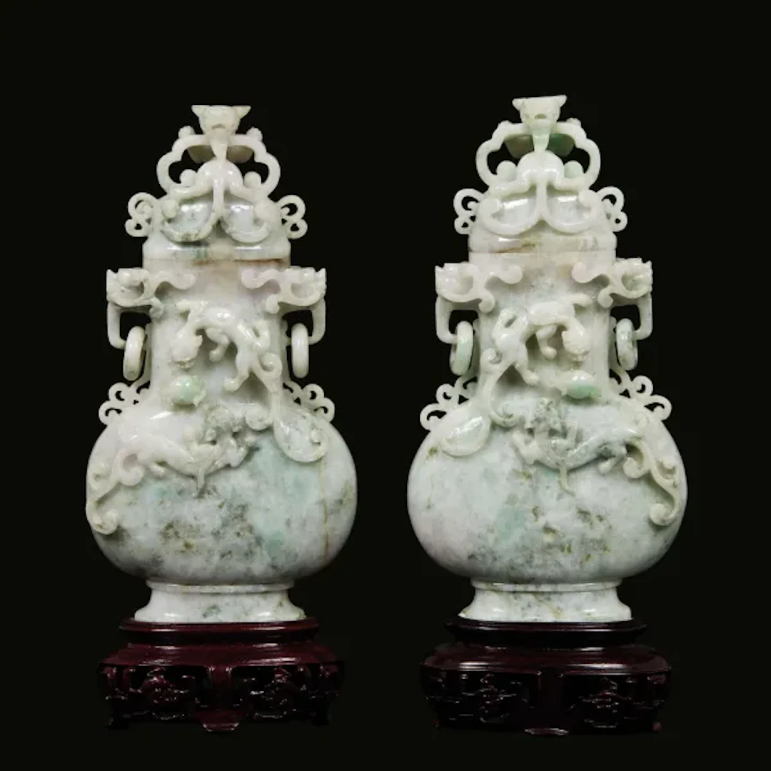 A PAIR OF JADEITE VASES AND COVERS, CHINA, REPUBLIC PERIOD, 20TH CENTURY