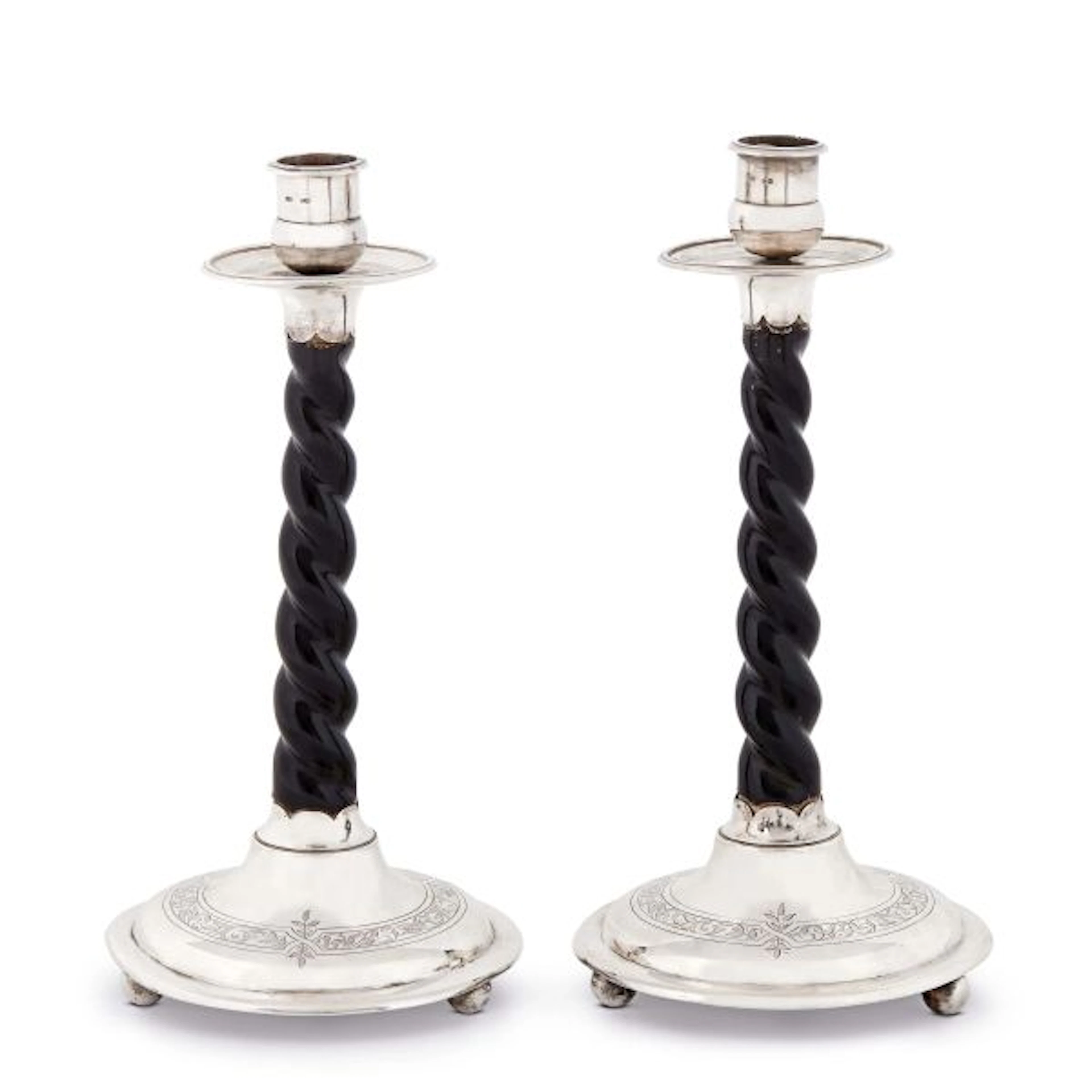 A PAIR OF SILVER AND WOOD CANDLESTICKS, JOHN CRANE SALT, LONDON, 1866/1867