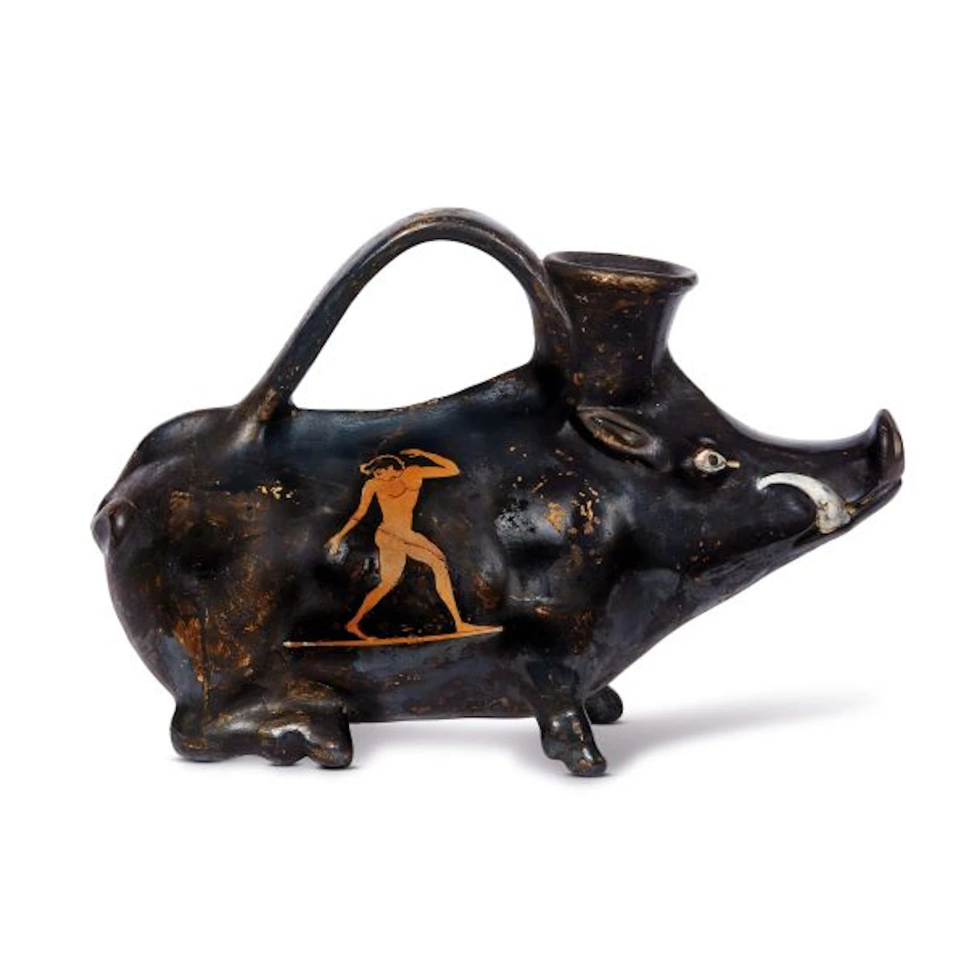 A BOAR SHAPED ASKOS, 19TH CENTURY
