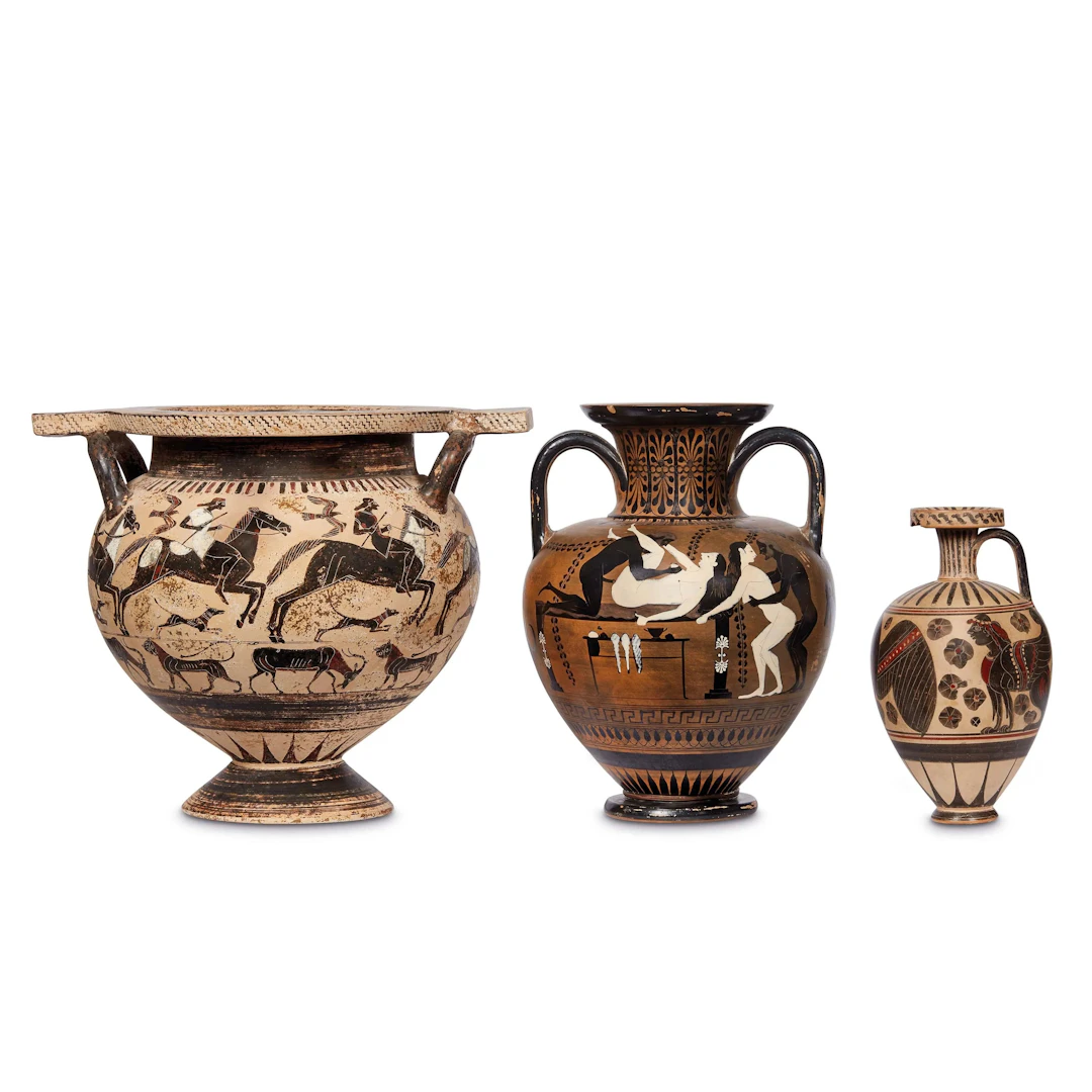 A COLUMN-KRATER, AN AMPHORA AND AN ARYBALLOS, 19TH CENTURY