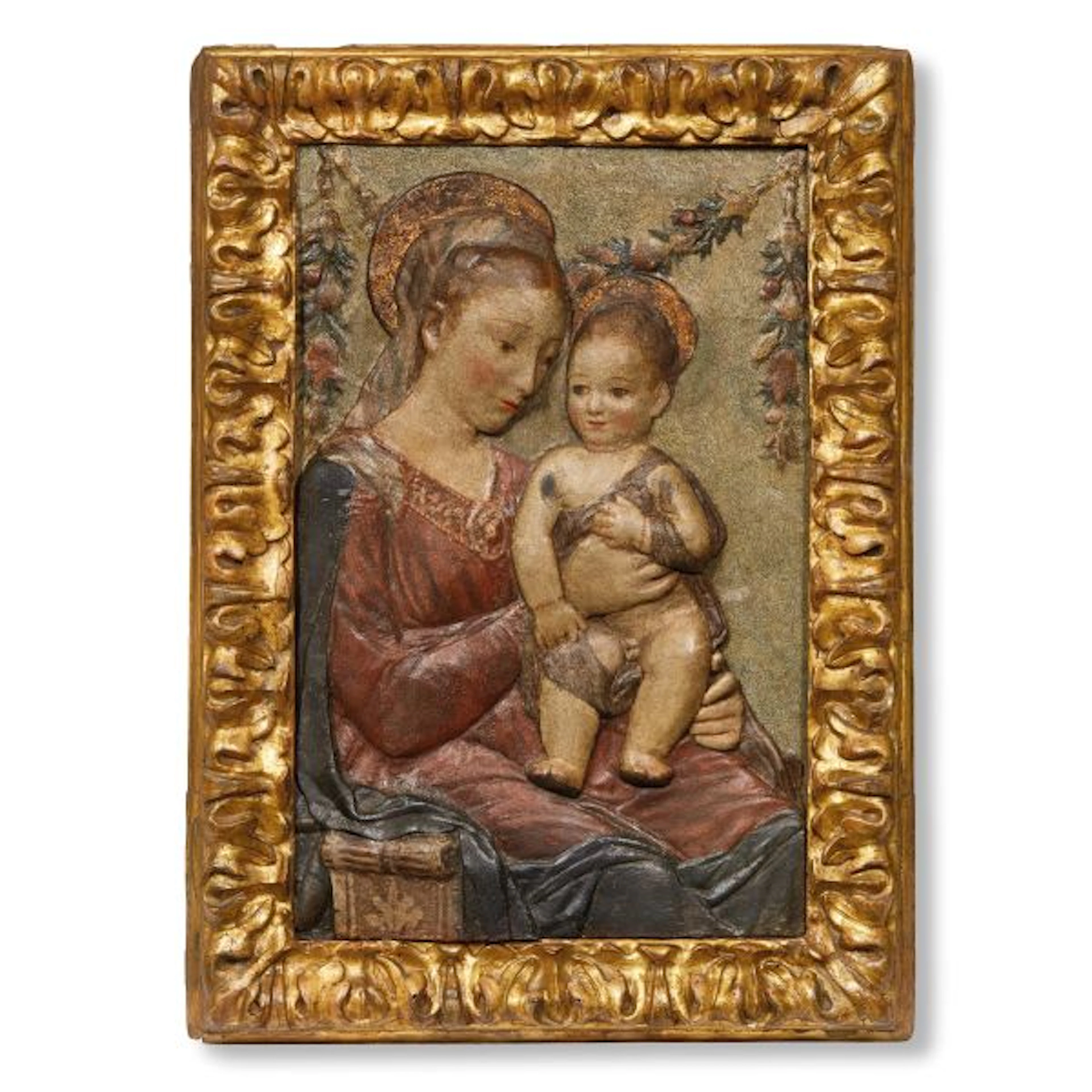 Tuscan school, 16th century, Virgin and Child, polychrome painted stucco relief
