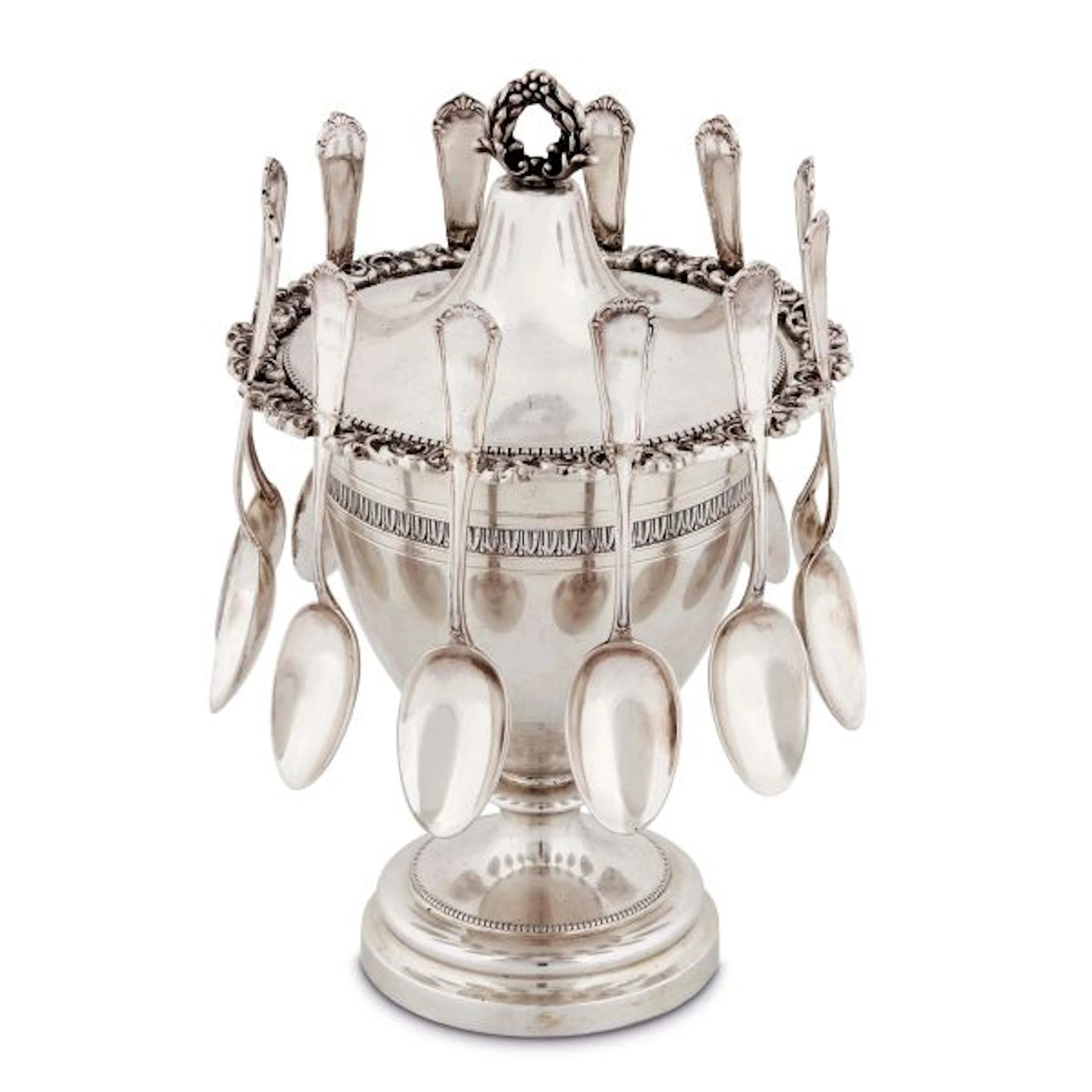 A SILVER SUGAR BOWL WITH TWELVE SPOONS, PROBABLY NAPLES, 20TH CENTURY