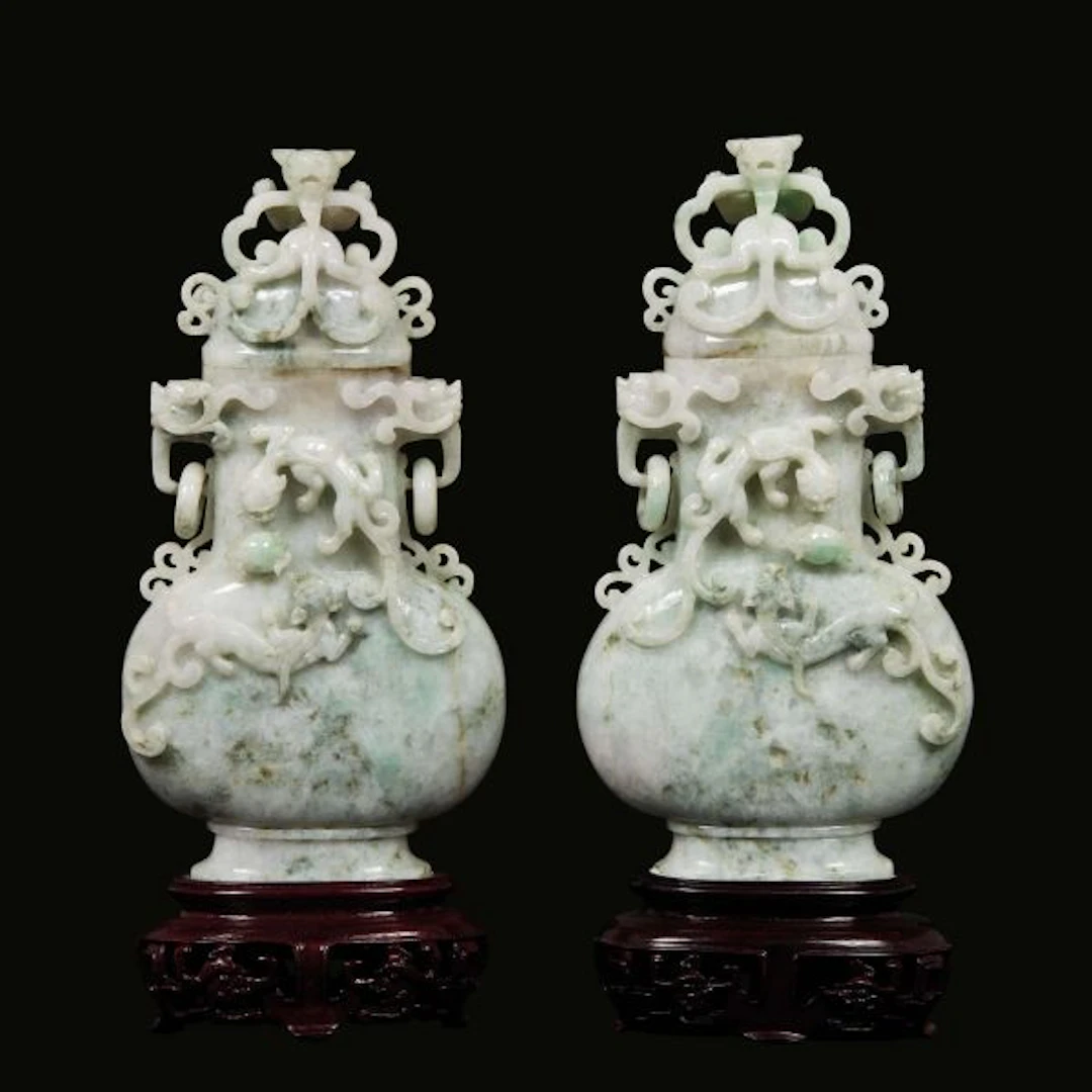 A PAIR OF JADEITE VASES AND COVERS, CHINA, REPUBLIC PERIOD, 20TH CENTURY