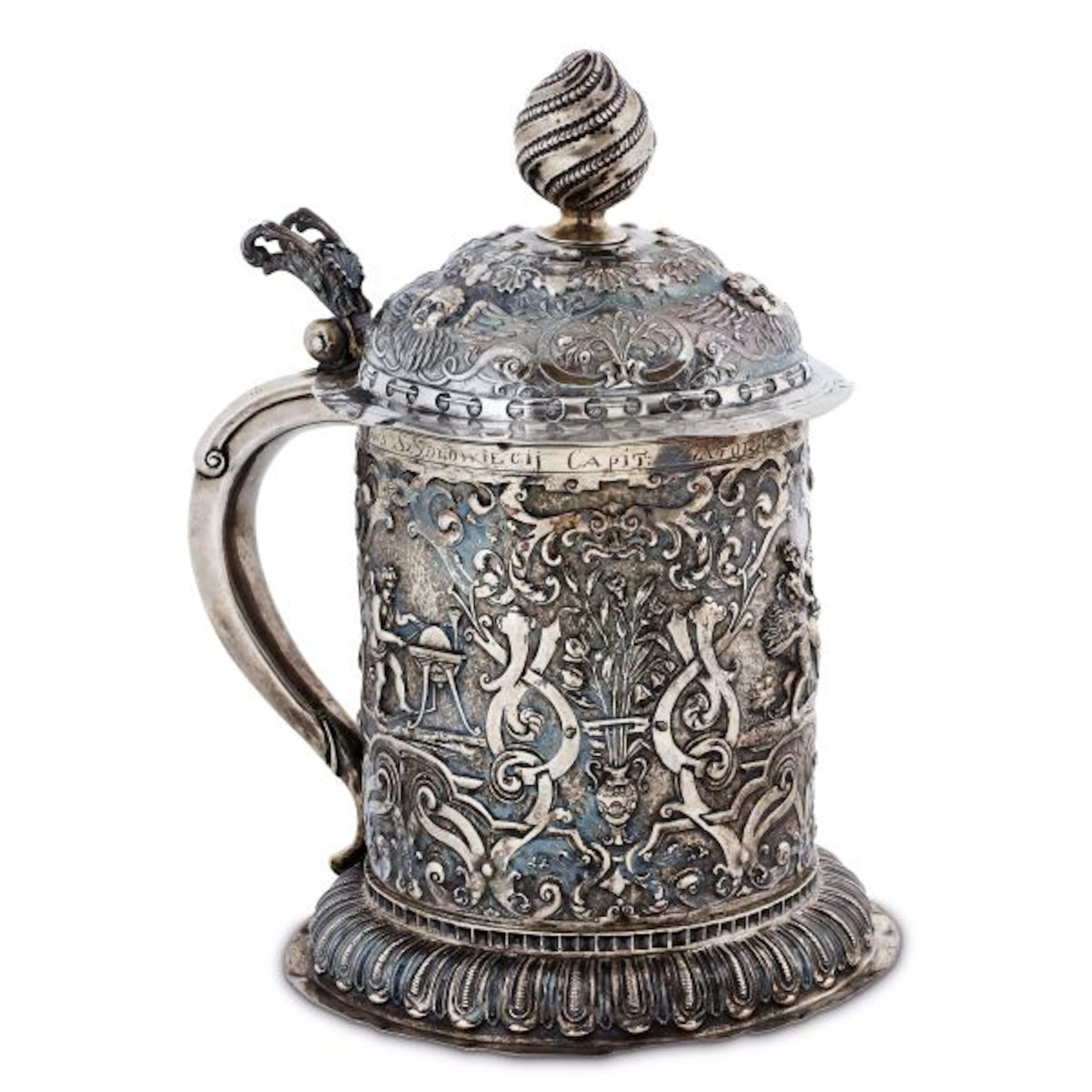 A LARGE SILVER TANKARD, PROBABLY HANAU, 19TH CENTURY, WITH PSEUDO