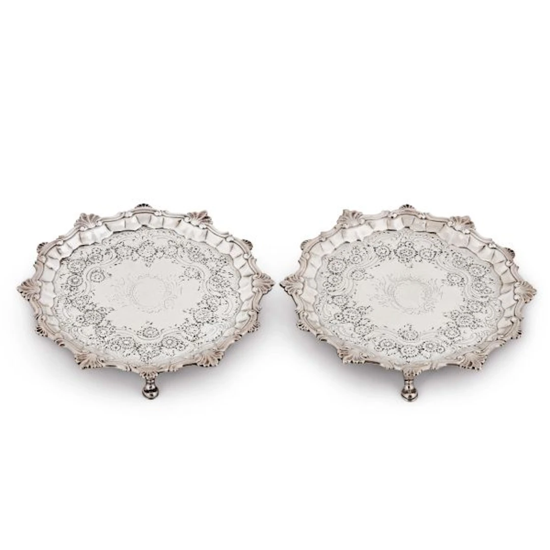 A PAIR OF SILVER SALVERS, WILLIAM PEASTON, LONDON, 1749/1750